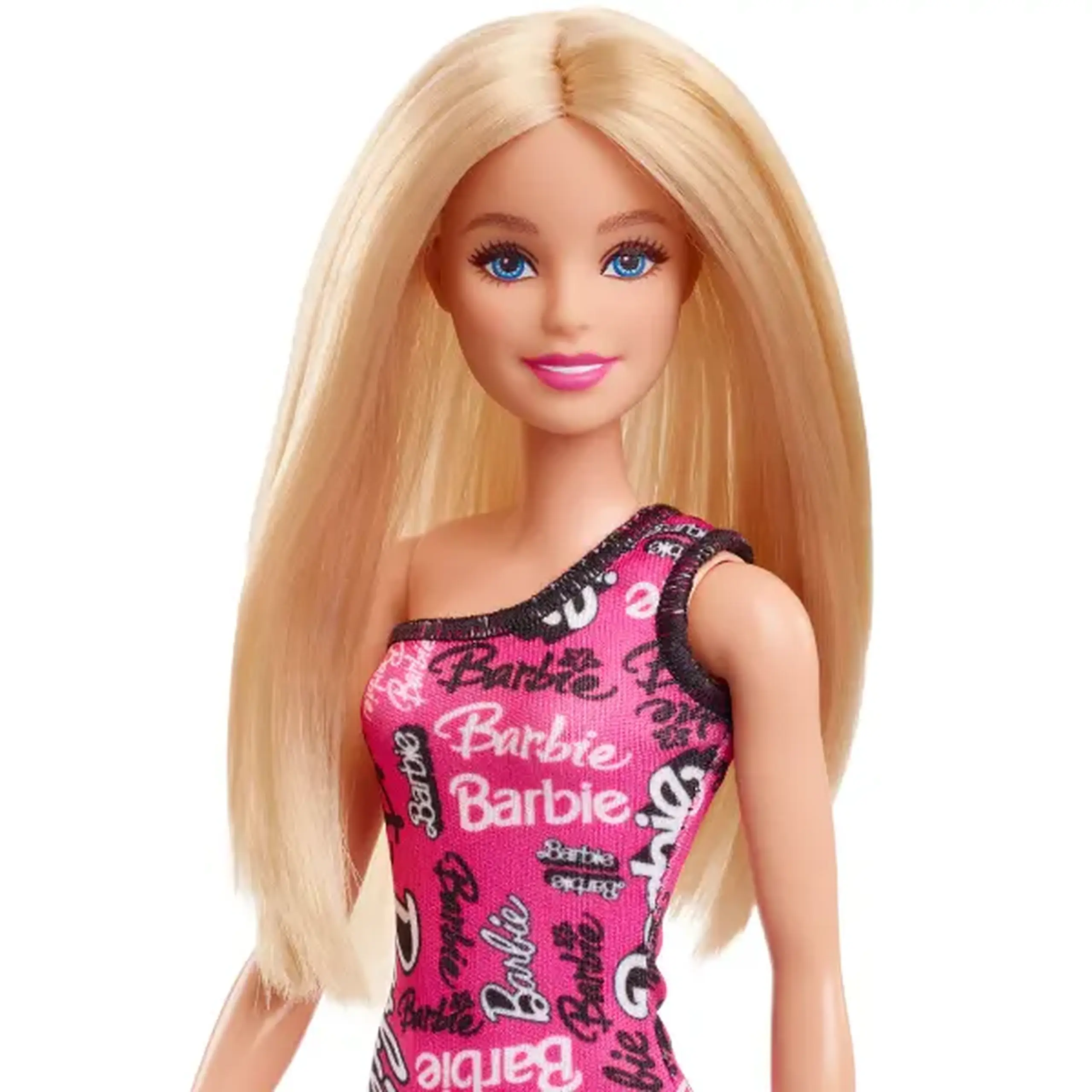 Păpușa Barbie Fashion cu părul blond și rochie roz cu logo-ul Barbie imprimat
