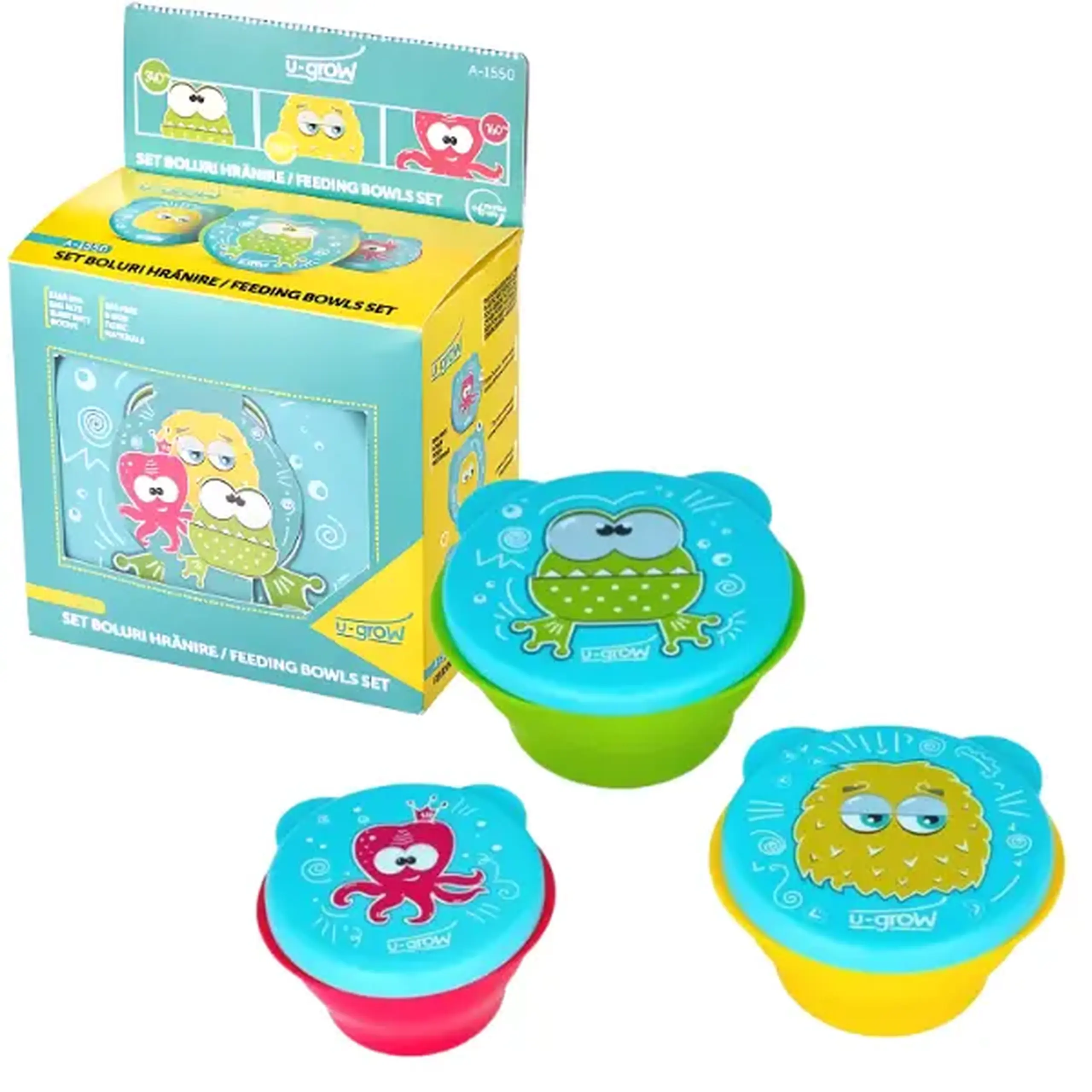 Set de 3 boluri de hrănire cu capac, 160/240/340 ml