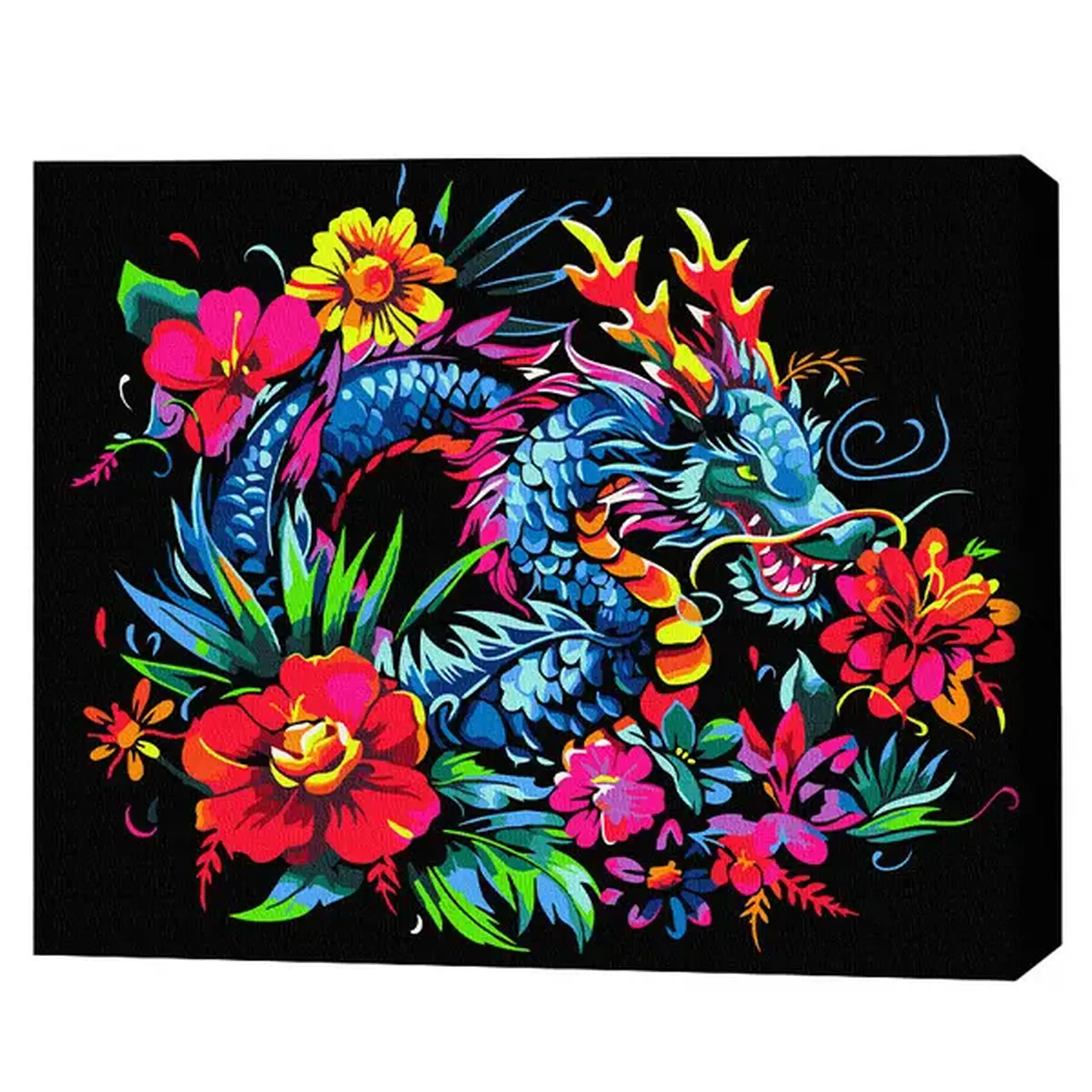 Pictură pe numere 40*50 сm (pânză neagră/fără cutie) – Dragonul în flori