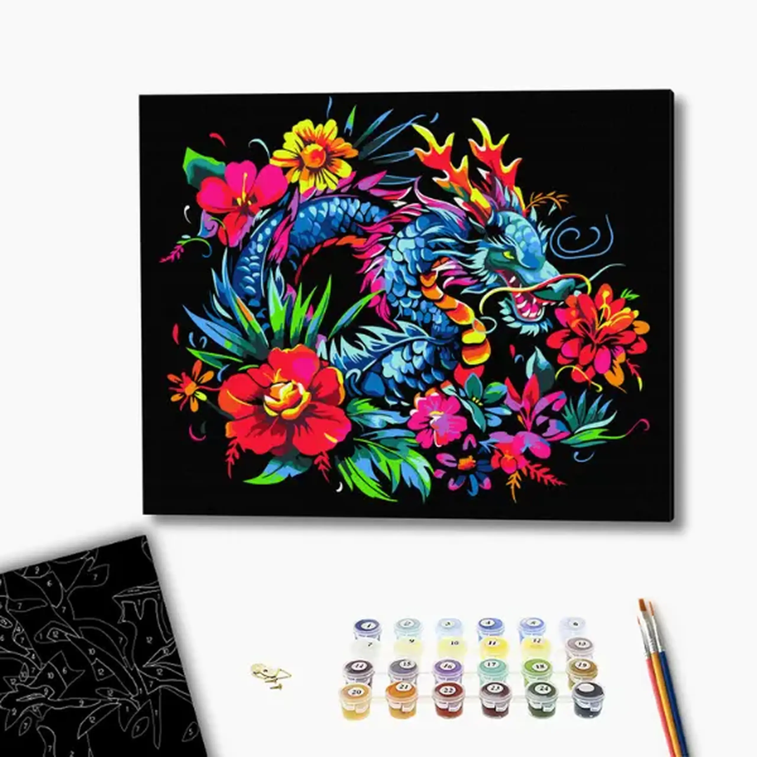 Pictură pe numere 40*50 сm (pânză neagră/fără cutie) – Dragonul în flori