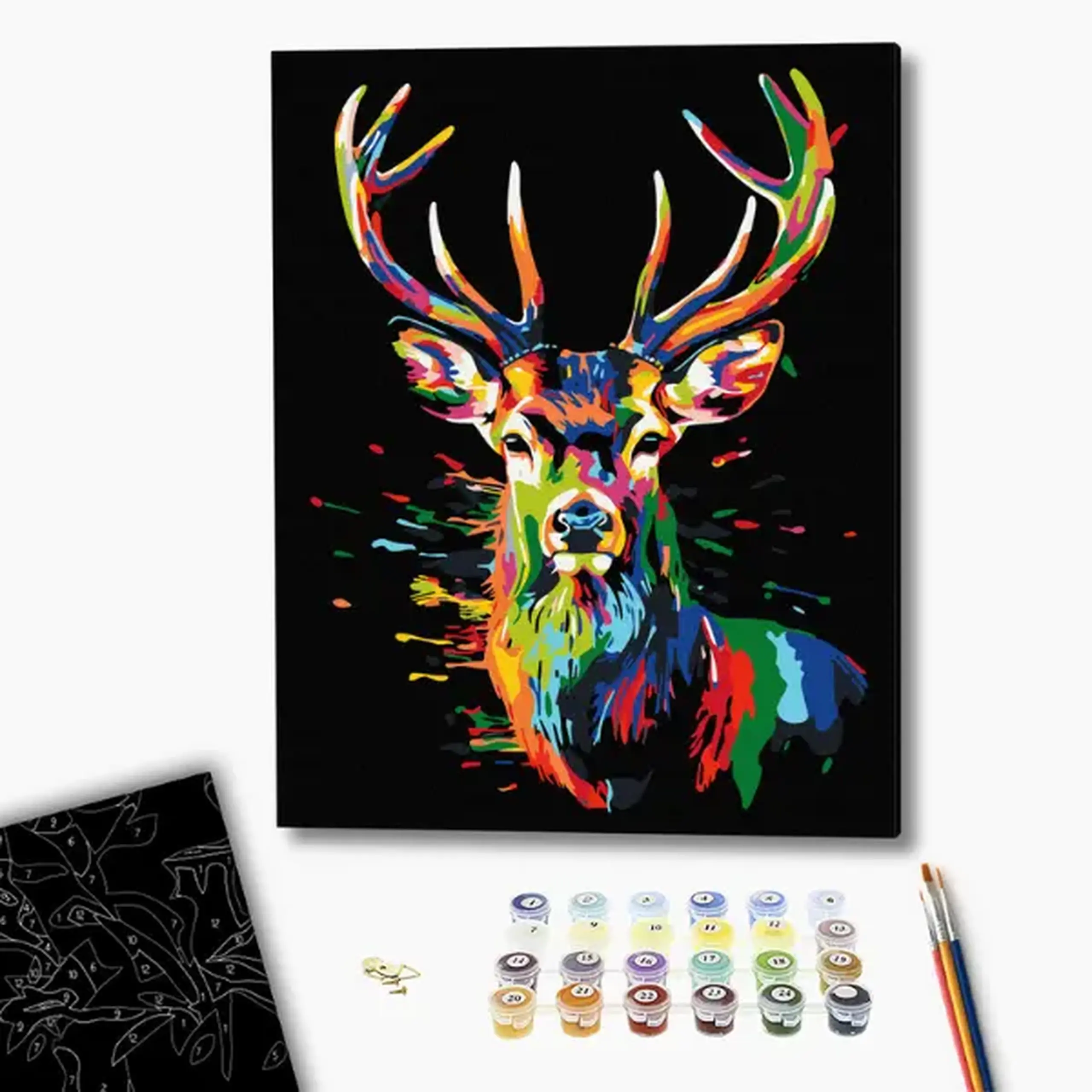 Pictură pe numere 40*50 сm (pânză neagră/fără cutie) – Cerb multicolor
