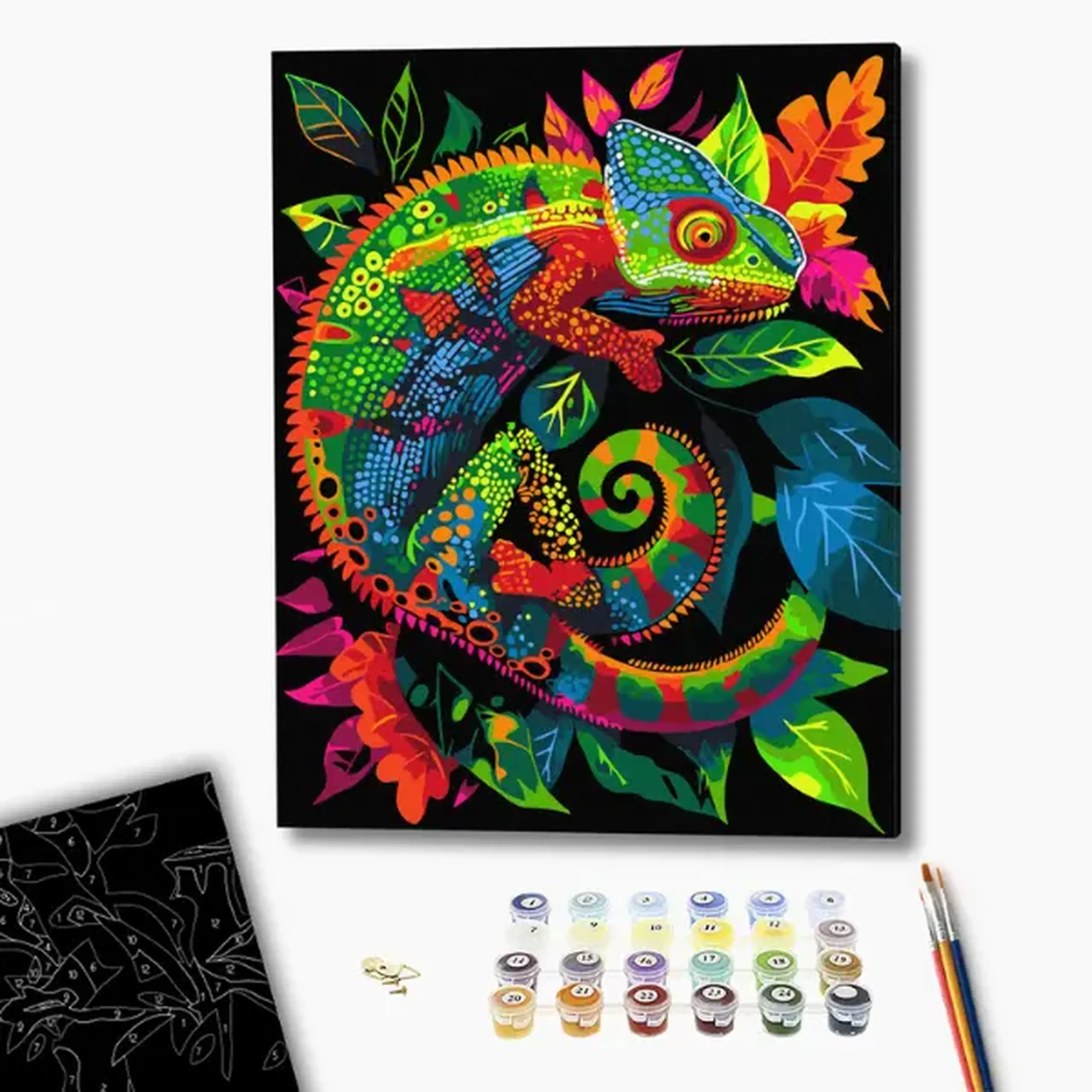Pictură pe numere 40*50 сm (pânză neagră/fără cutie) – Cameleon neon