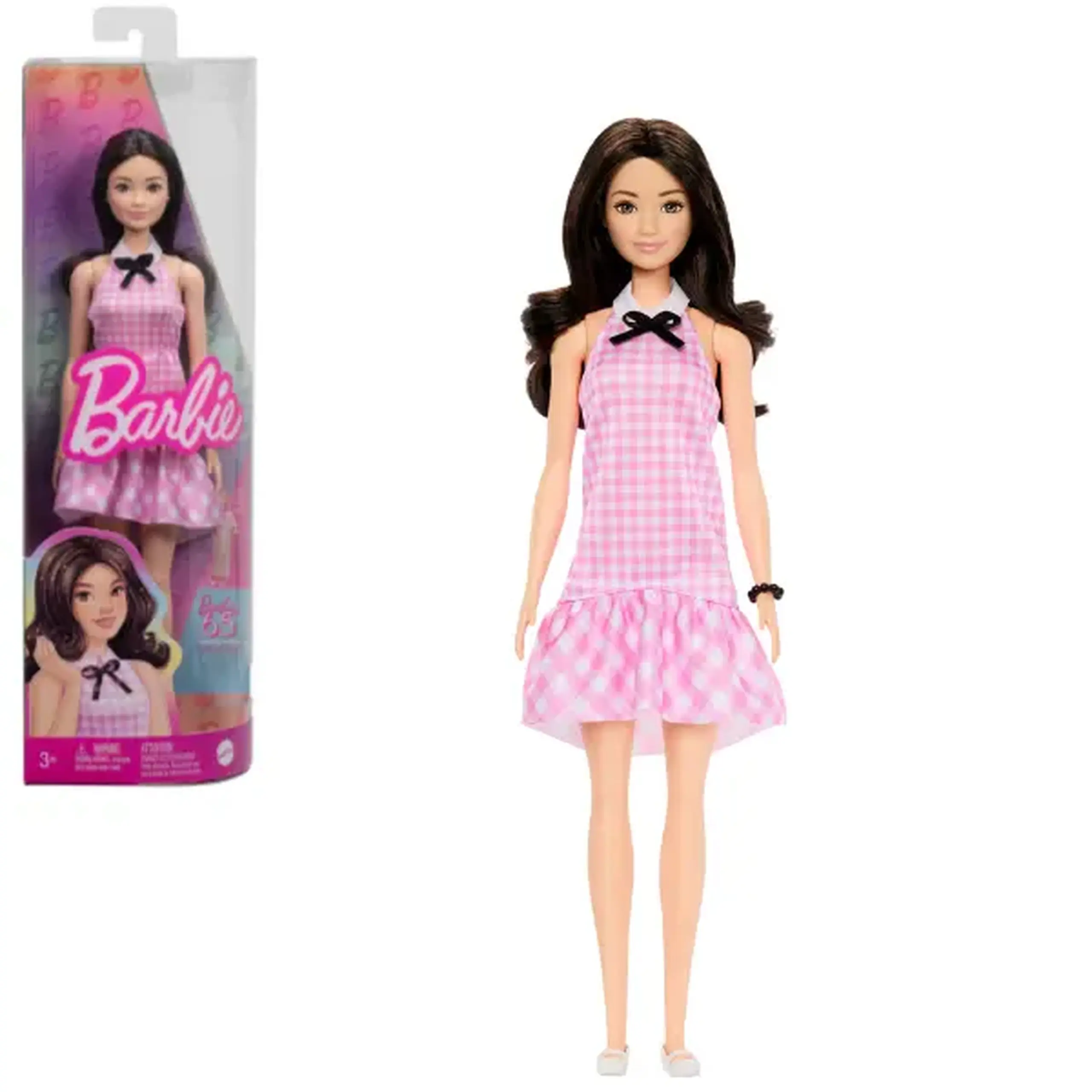 Păpușa Barbie "Fashionista în rochie roz în carouri cu volane drăguțe și un guler cu fundiță"