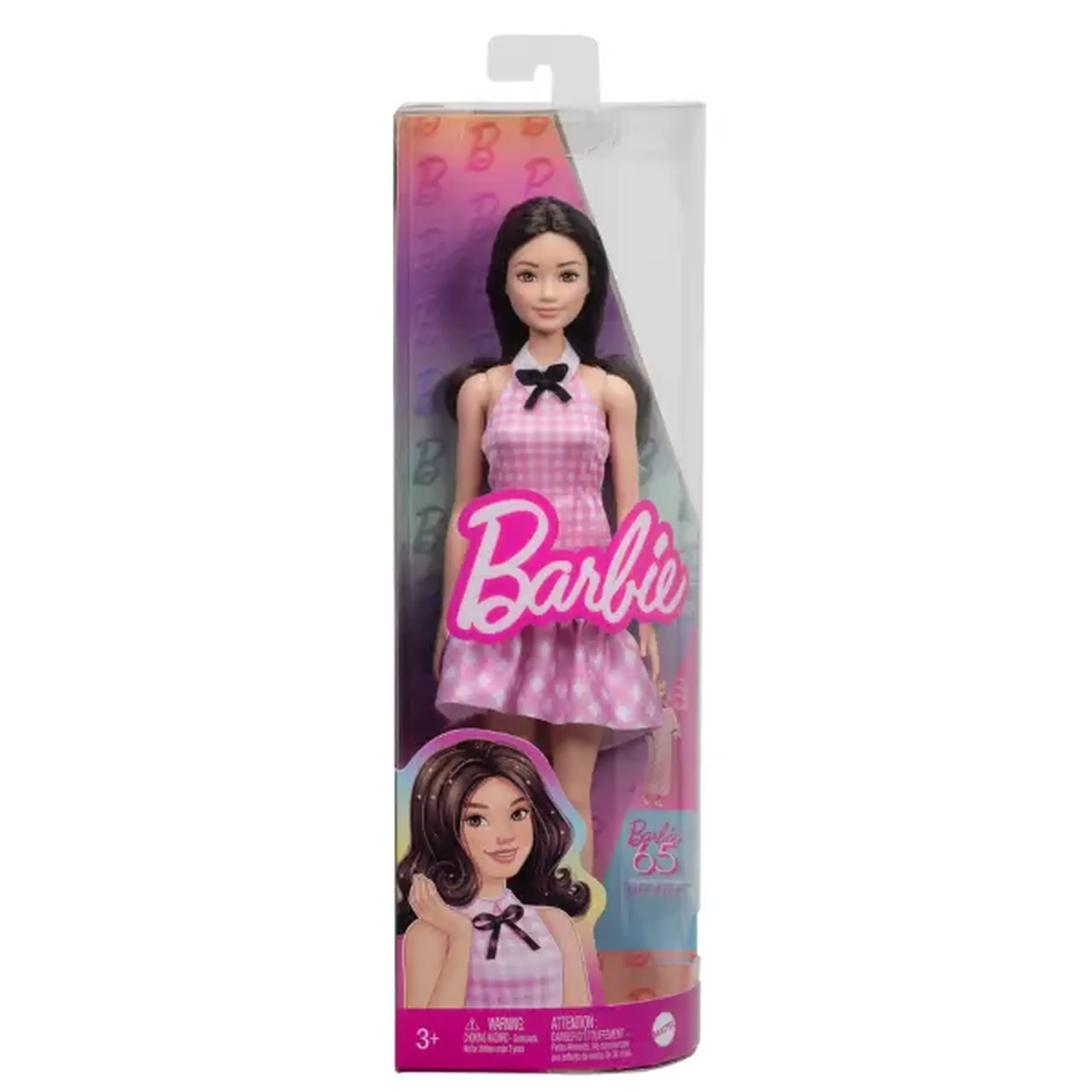 Păpușa Barbie "Fashionista în rochie roz în carouri cu volane drăguțe și un guler cu fundiță"