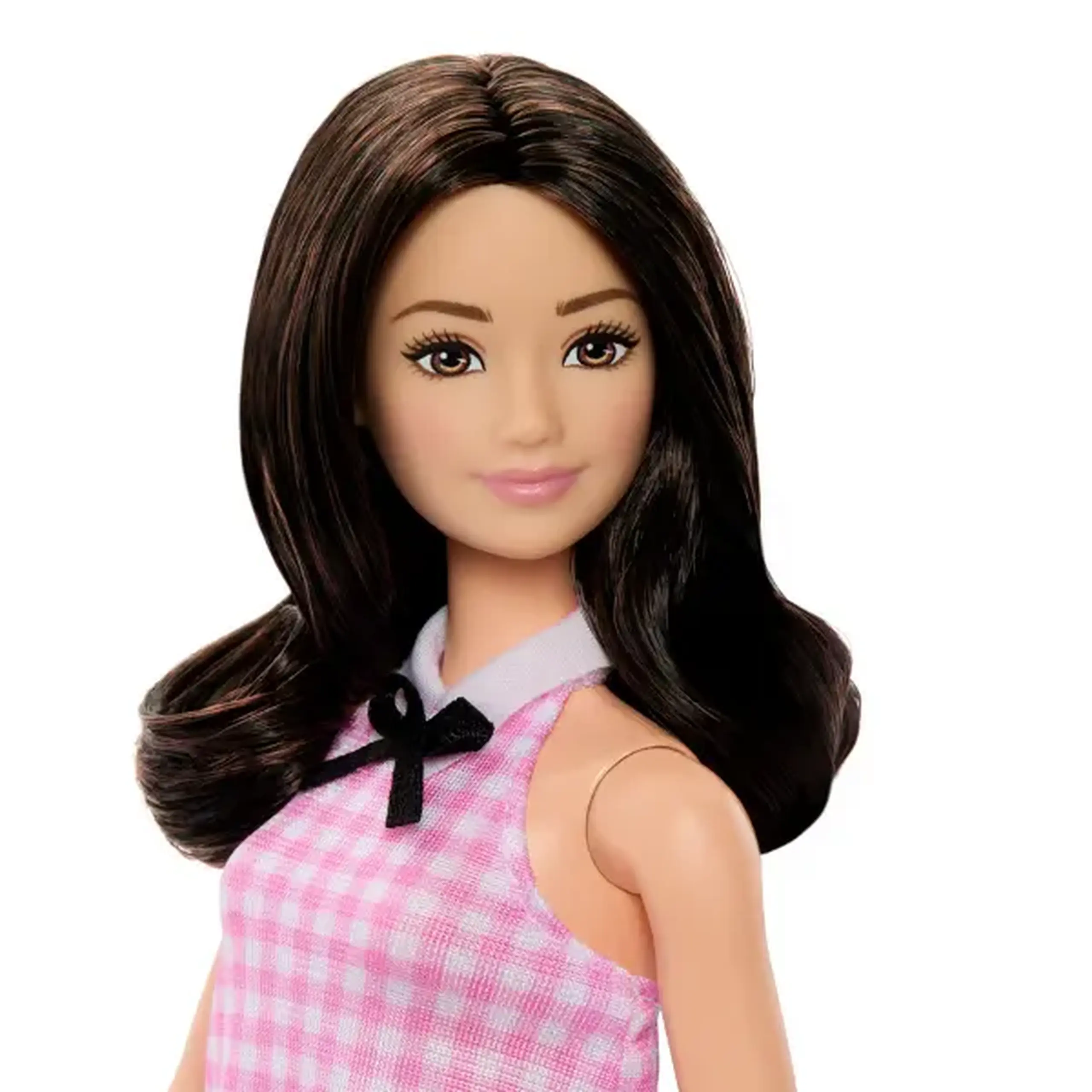 Păpușa Barbie "Fashionista în rochie roz în carouri cu volane drăguțe și un guler cu fundiță"