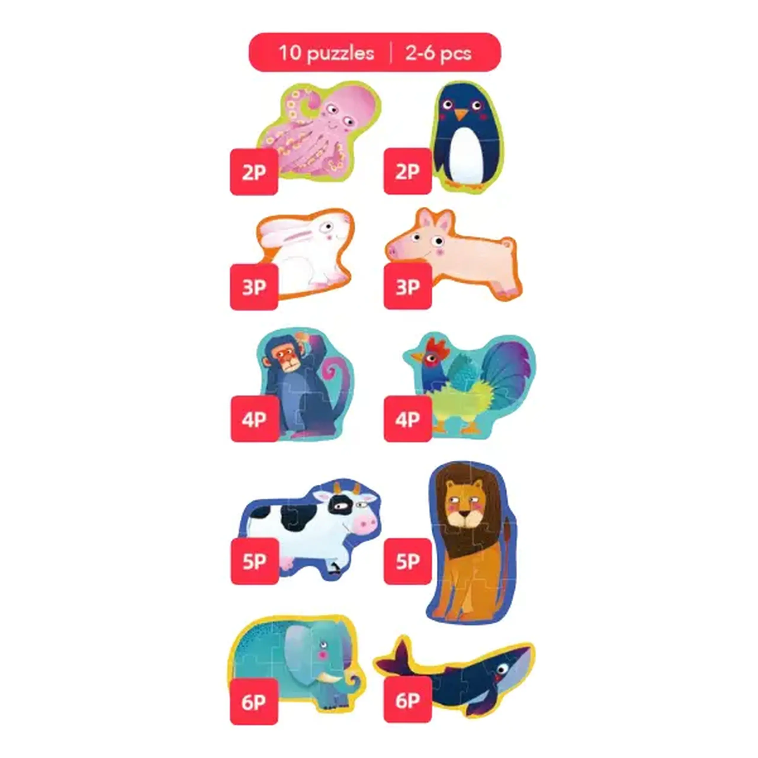 Seria de puzzle-uri „Animale”, 10 în 1, nivelul 1