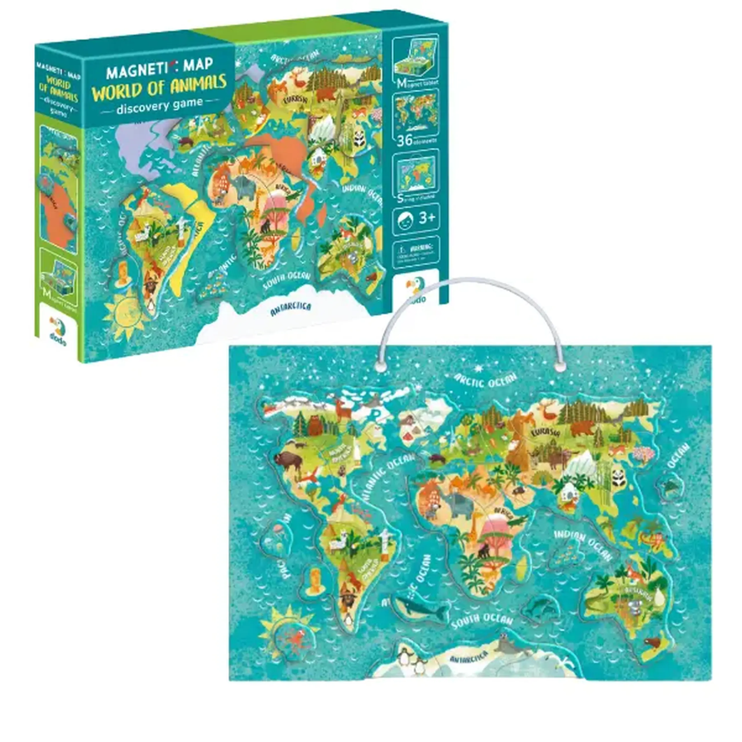 Joc magnetic "Harta lumii: Animale", 1 tablă magnetică, 36 elem.