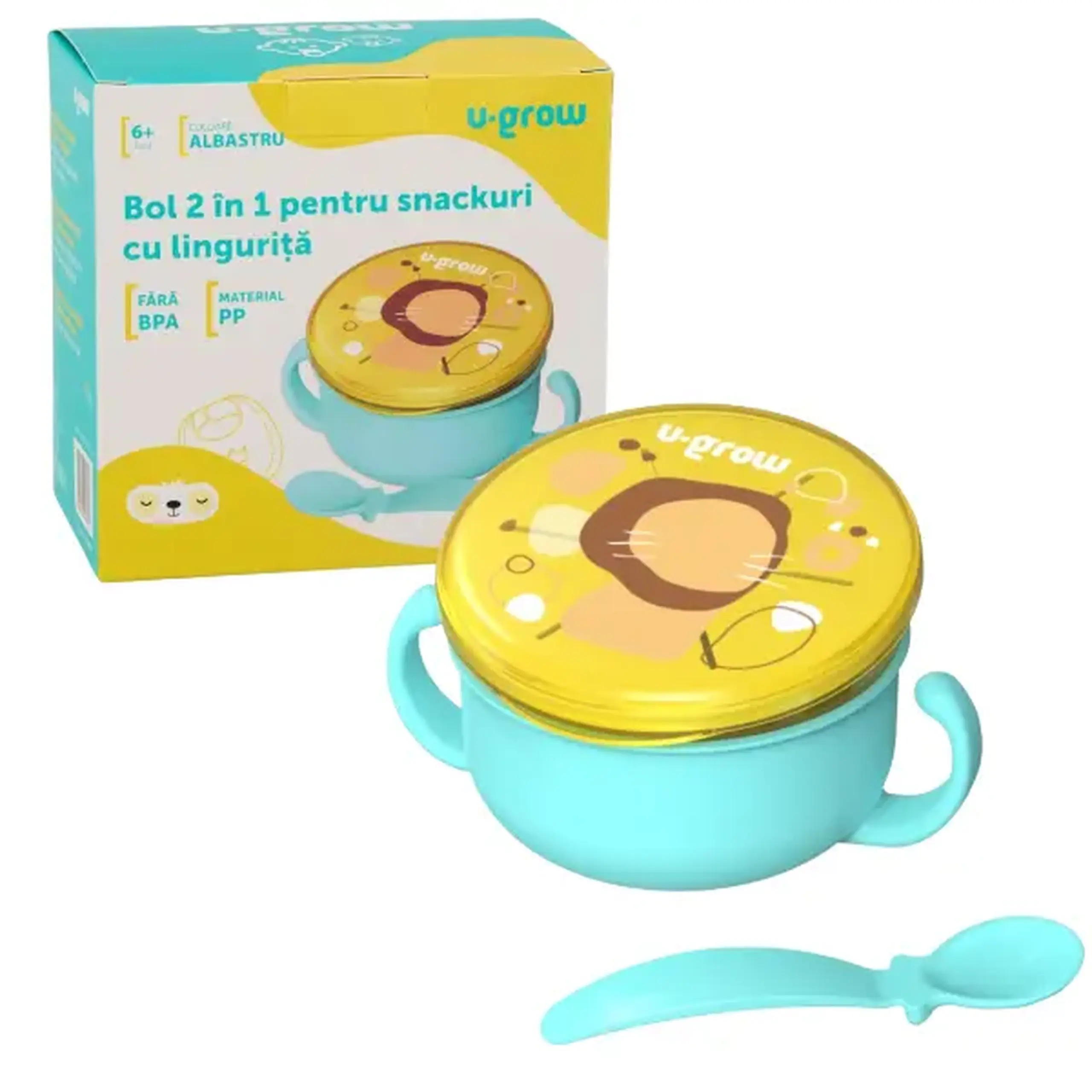 Bol 2 în 1 pentru snackuri cu linguriță, albastru