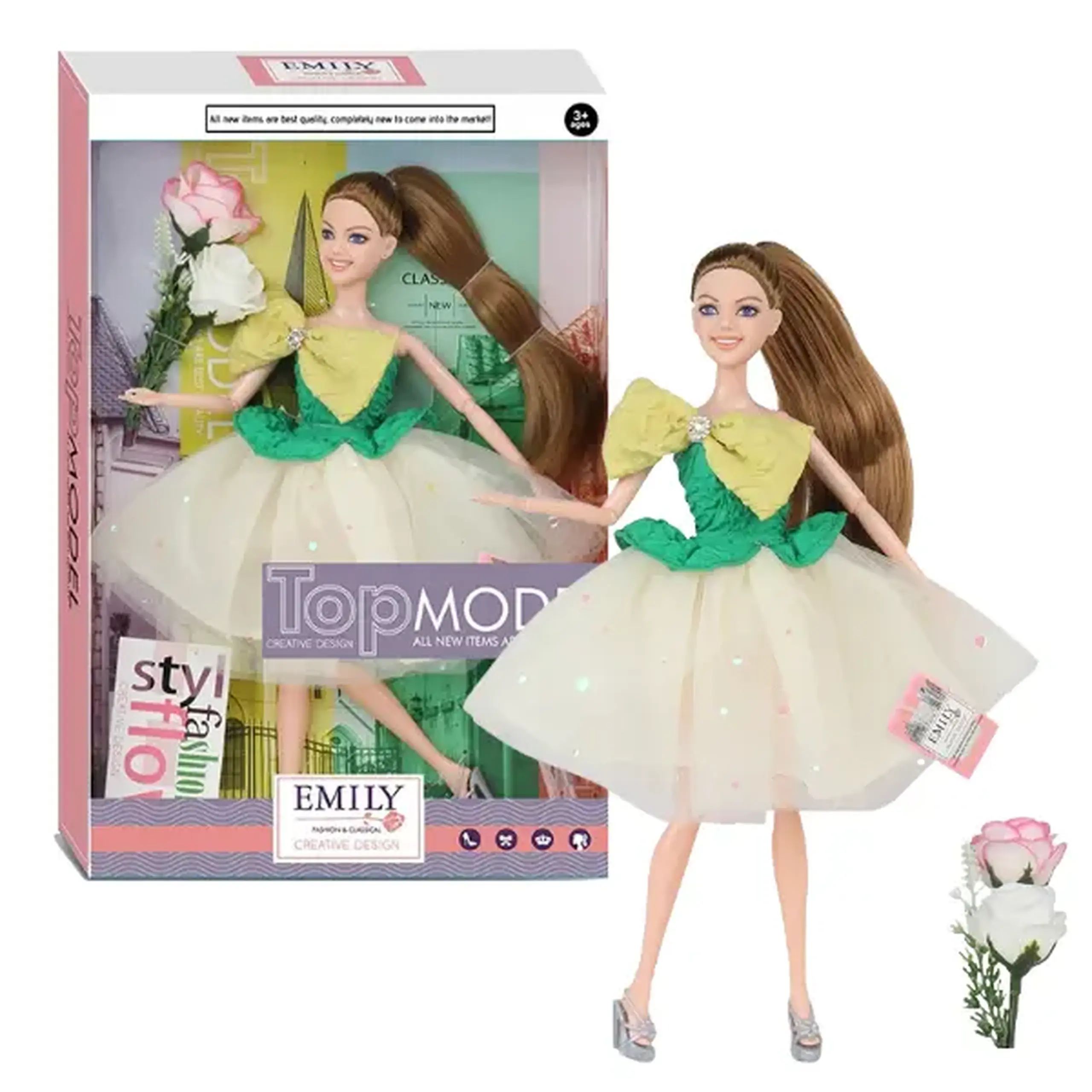 Păpușa Emily "Top Model" cu accesorii și flori