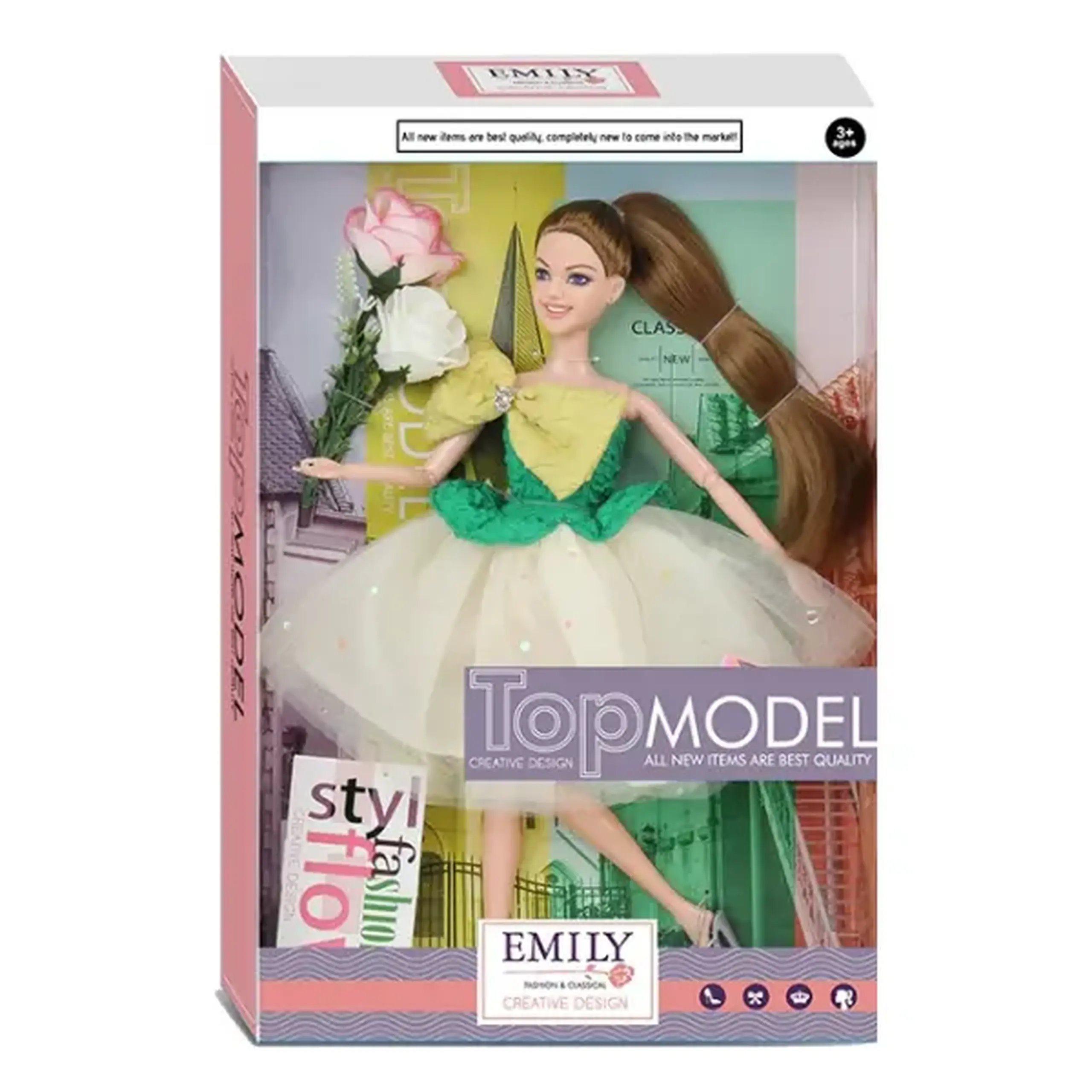 Păpușa Emily "Top Model" cu accesorii și flori