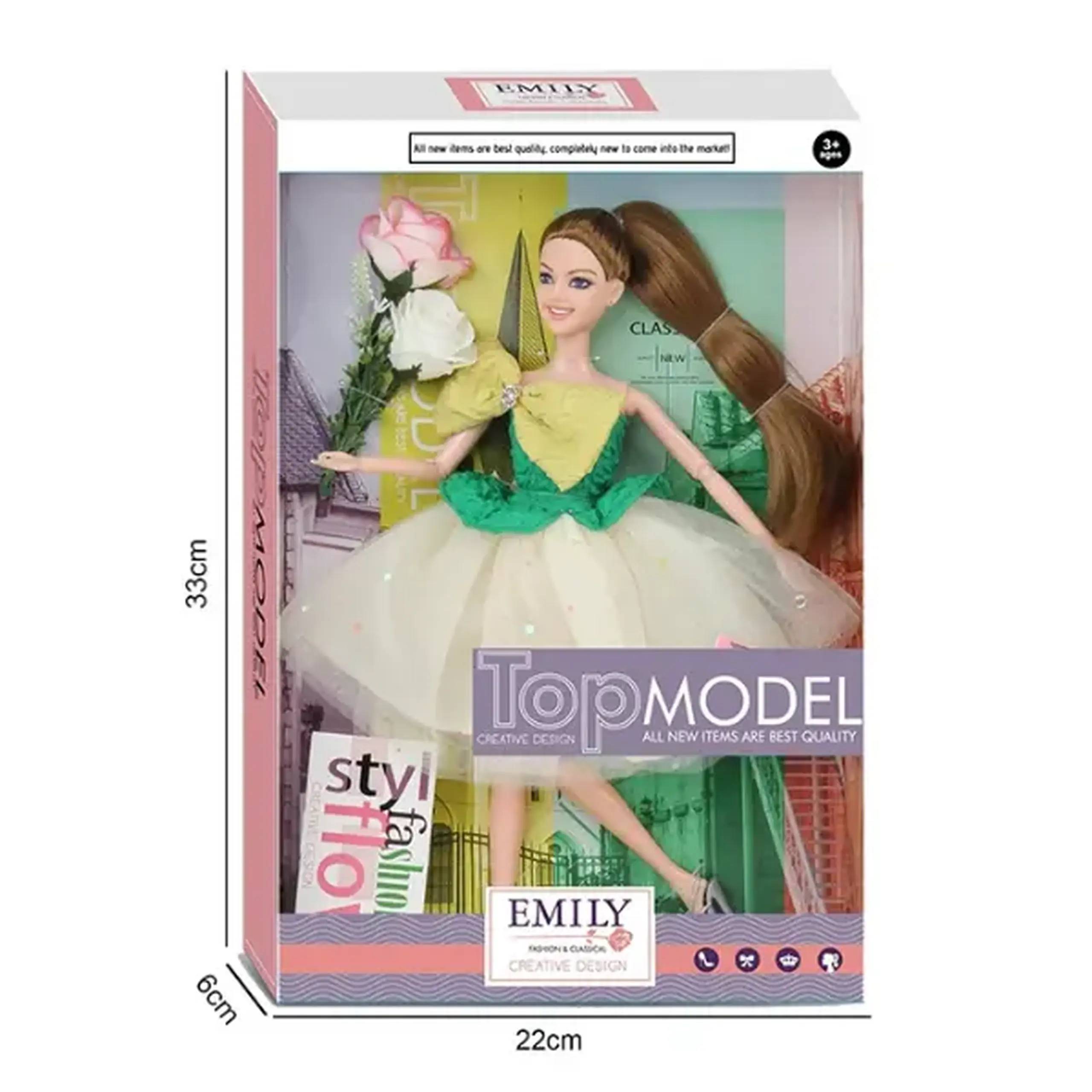 Păpușa Emily "Top Model" cu accesorii și flori