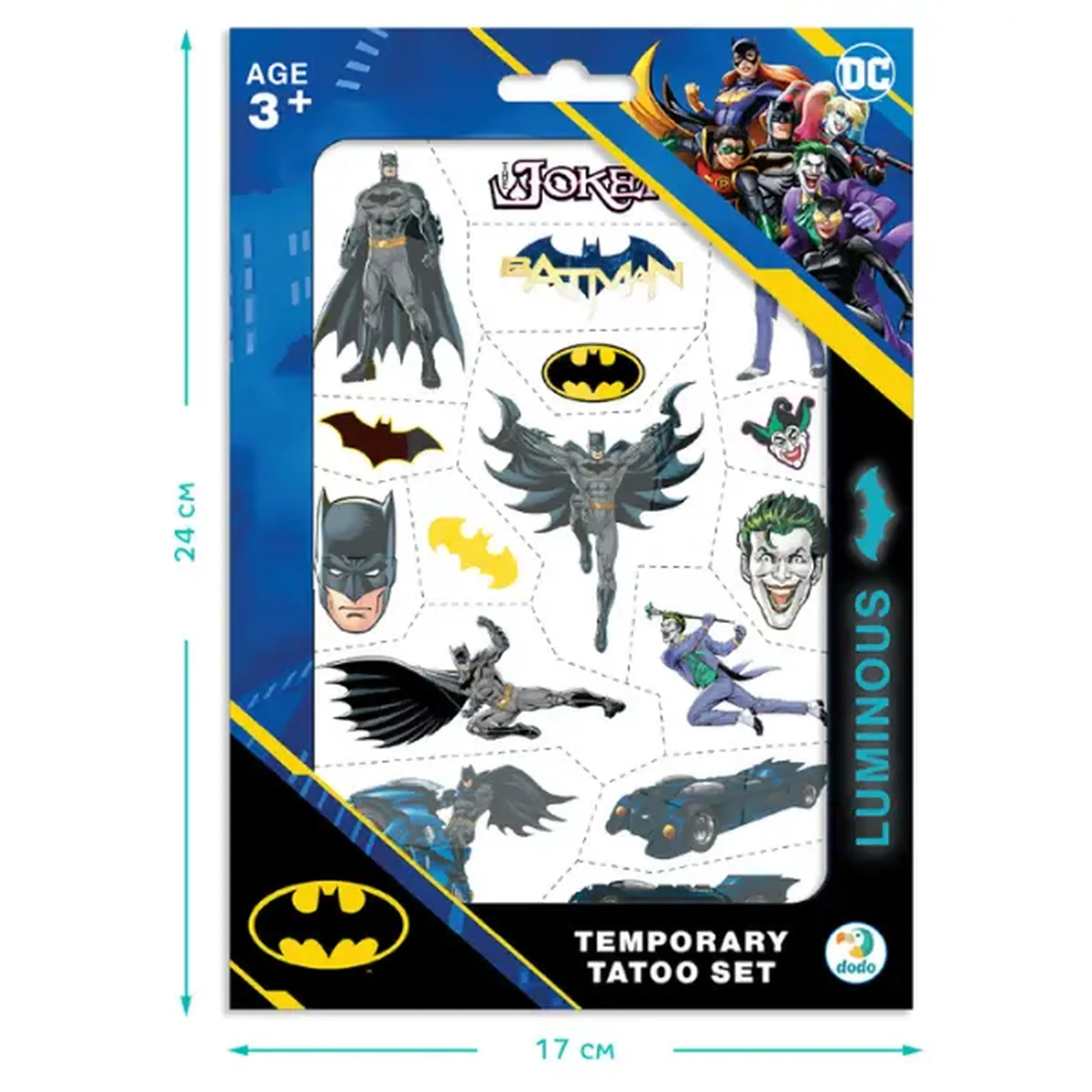 Set de tatuaje temporare pentru copii "Batman: Eroii din Gotham City", luminează în întuneric