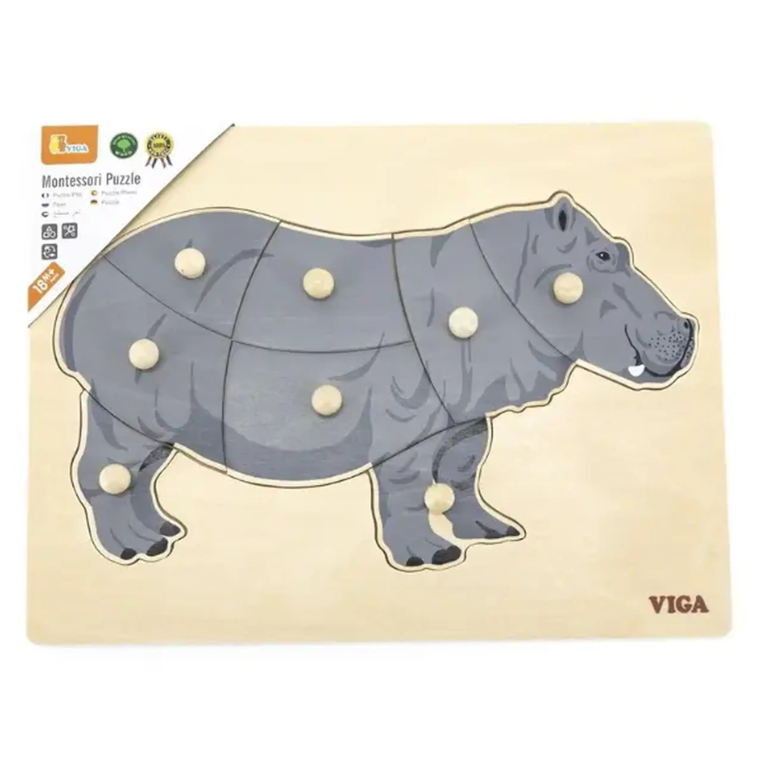 Puzzle din lemn Montessori cu buton “Hipopotam”