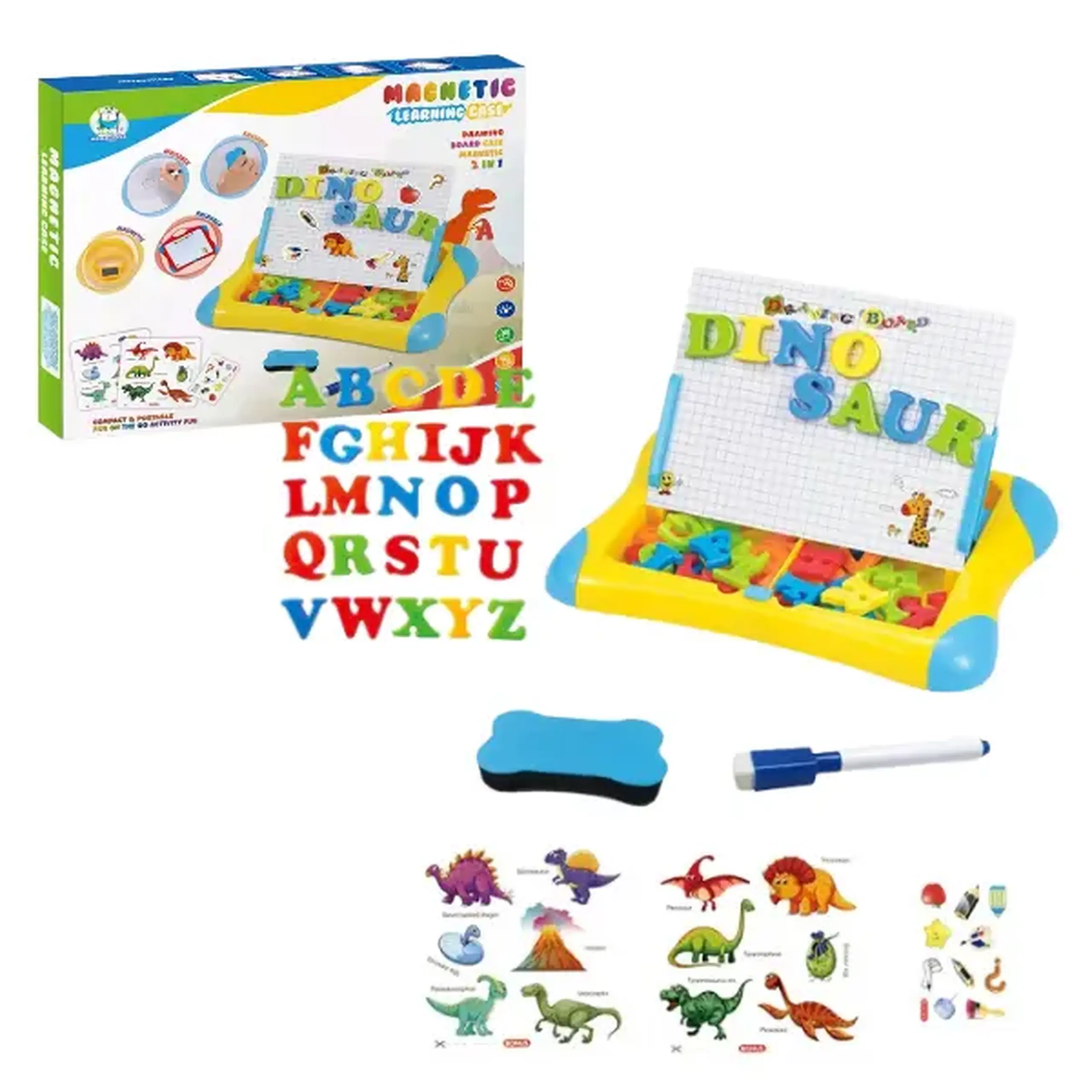 Tabla magnetica cu litere și carduri "Dinozauri"