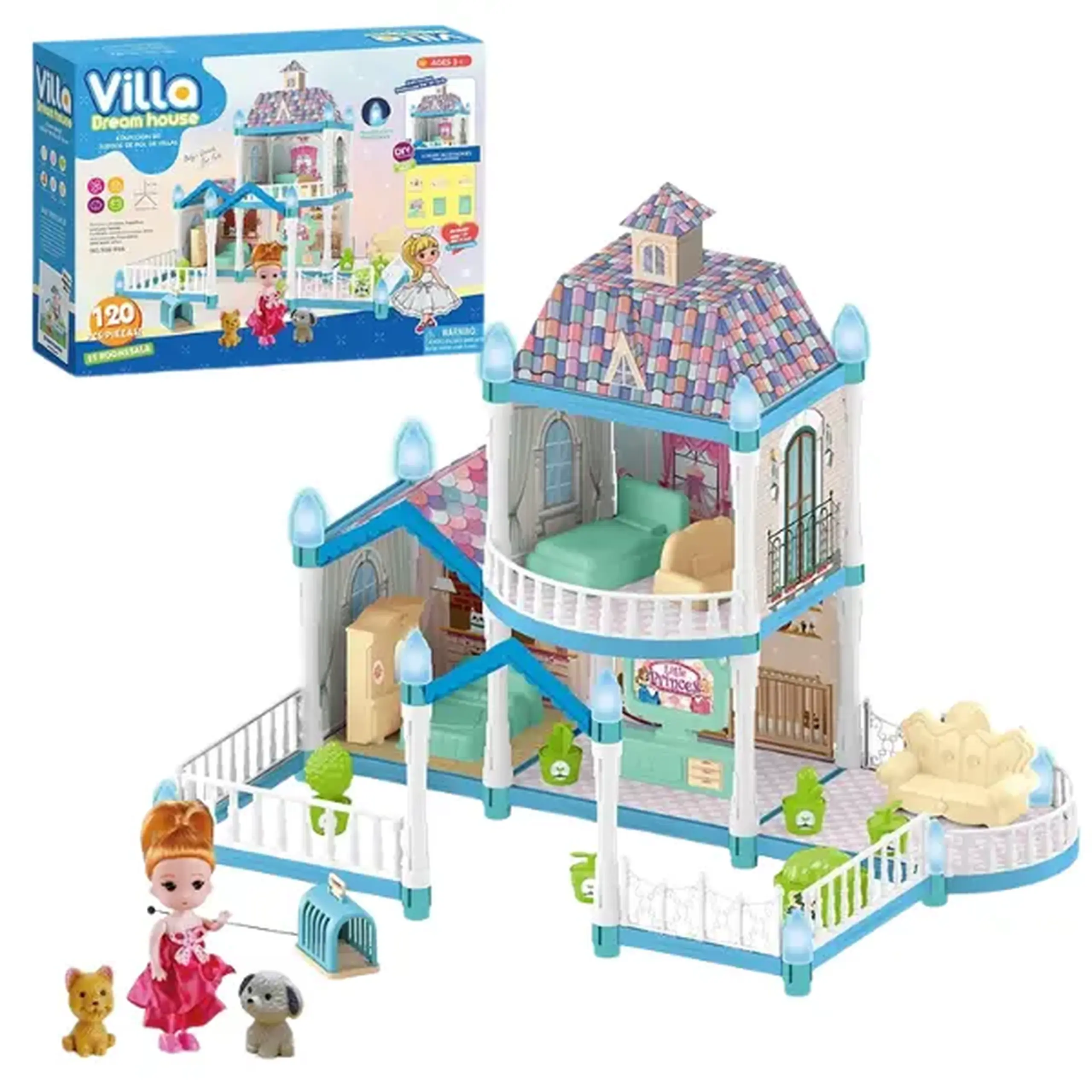 Căsuță pentru păpuși "Vila Visurilor” + accesorii, cu iluminare de noapte, 120 elem.