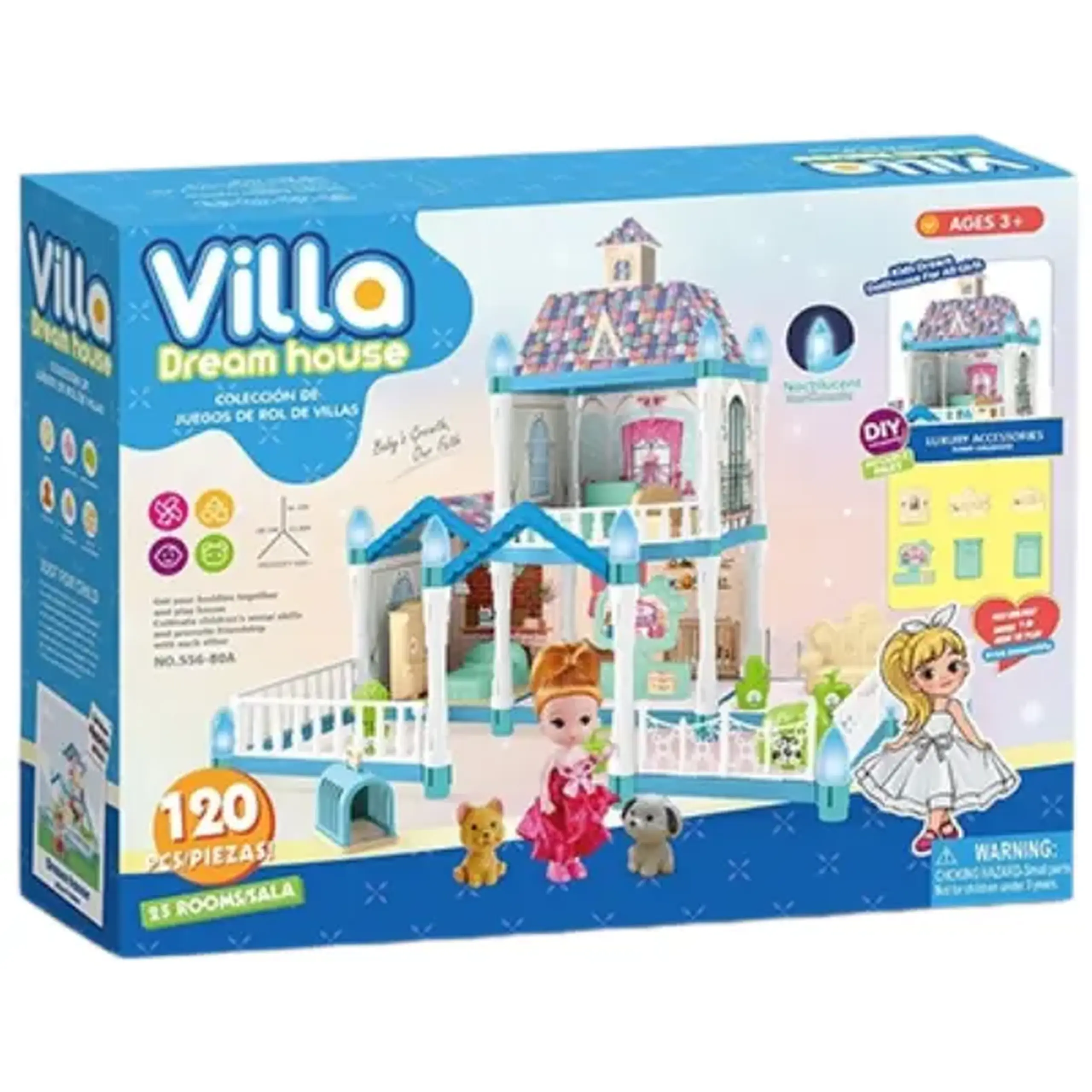 Căsuță pentru păpuși "Vila Visurilor” + accesorii, cu iluminare de noapte, 120 elem.