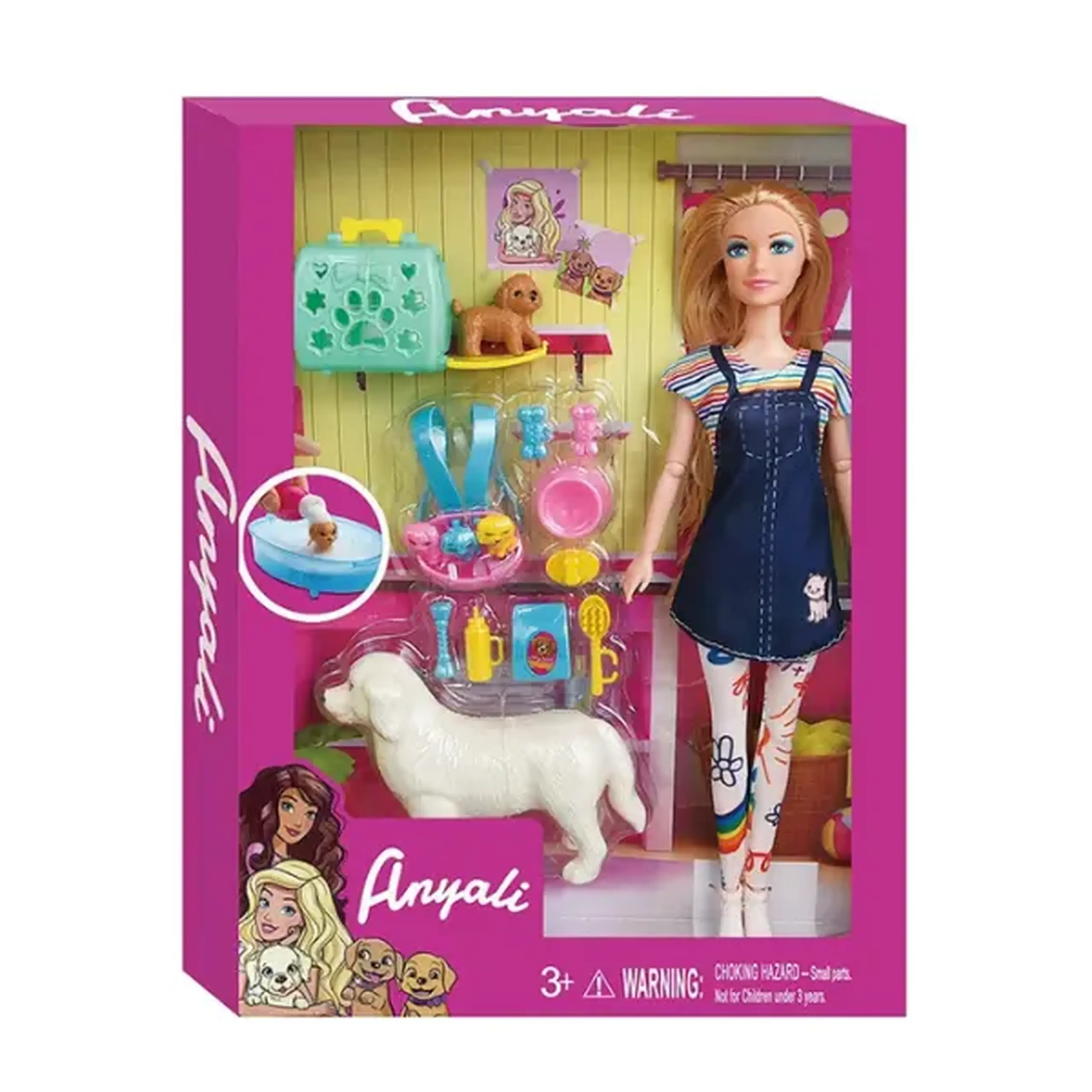 Set de joacă "Păpușă cu set pentru animale de companie", în rochie de vară