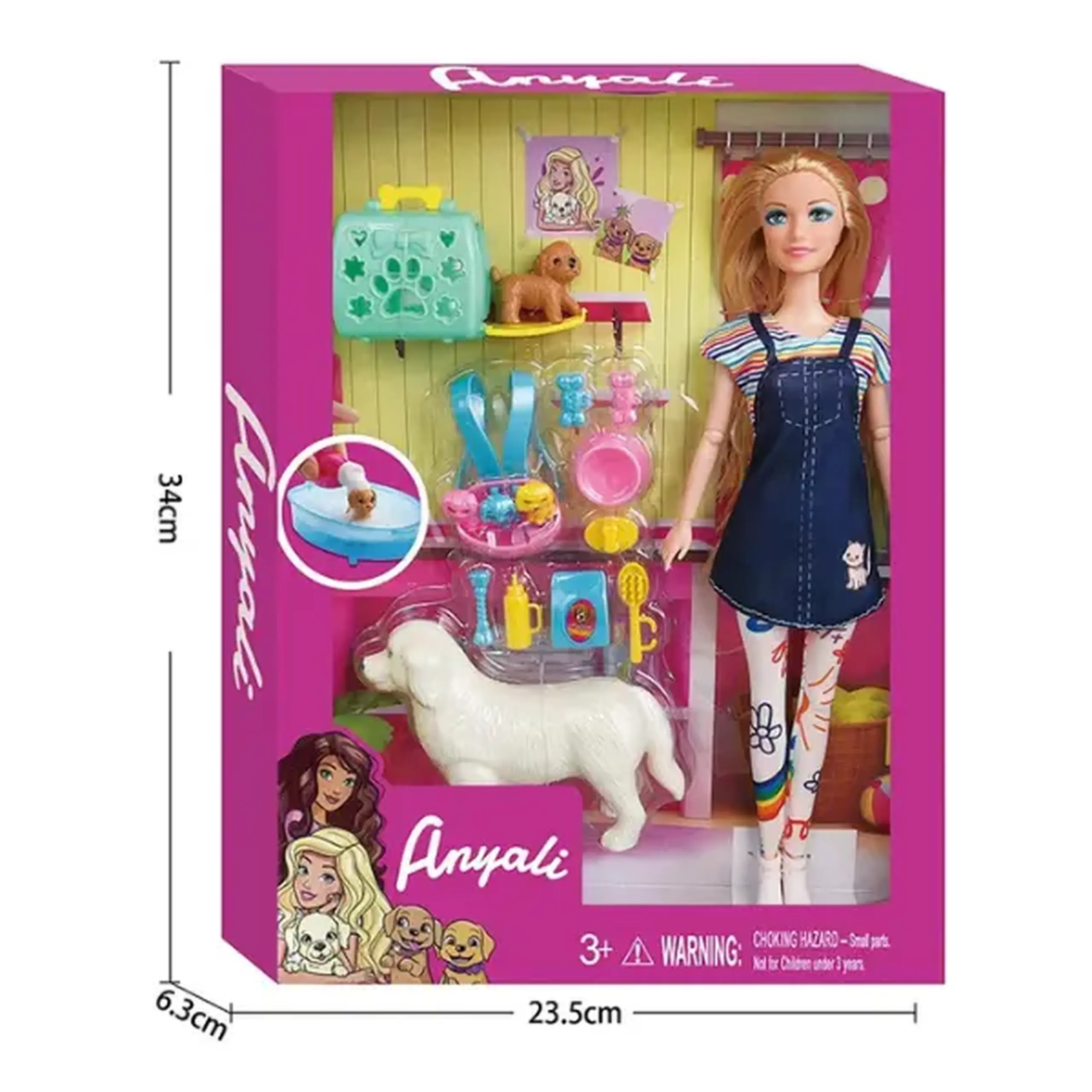 Set de joacă "Păpușă cu set pentru animale de companie", în rochie de vară