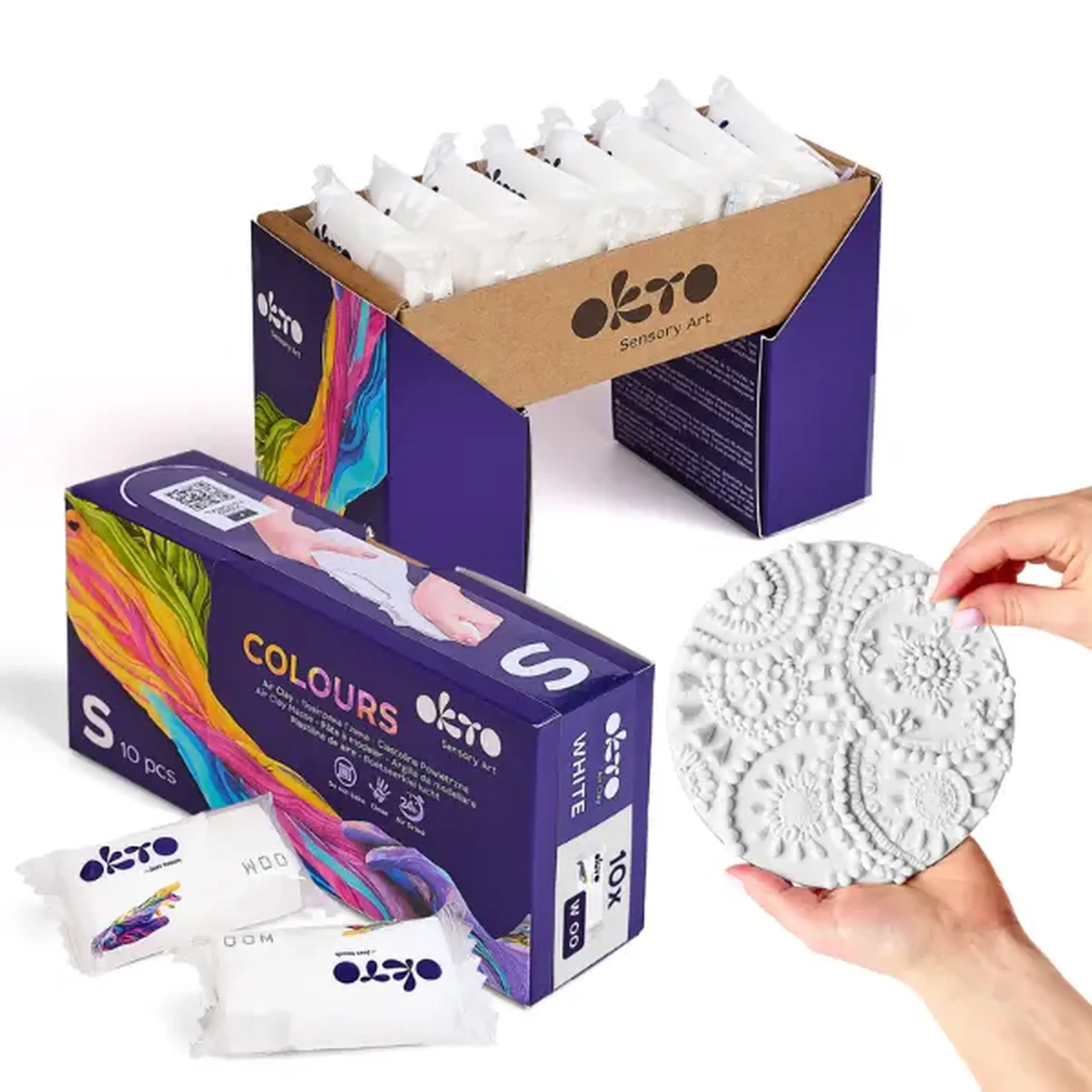 Plastilină aerată albă Air Clay OKTO Colours, 10 buc. × 6 g, mărimea S