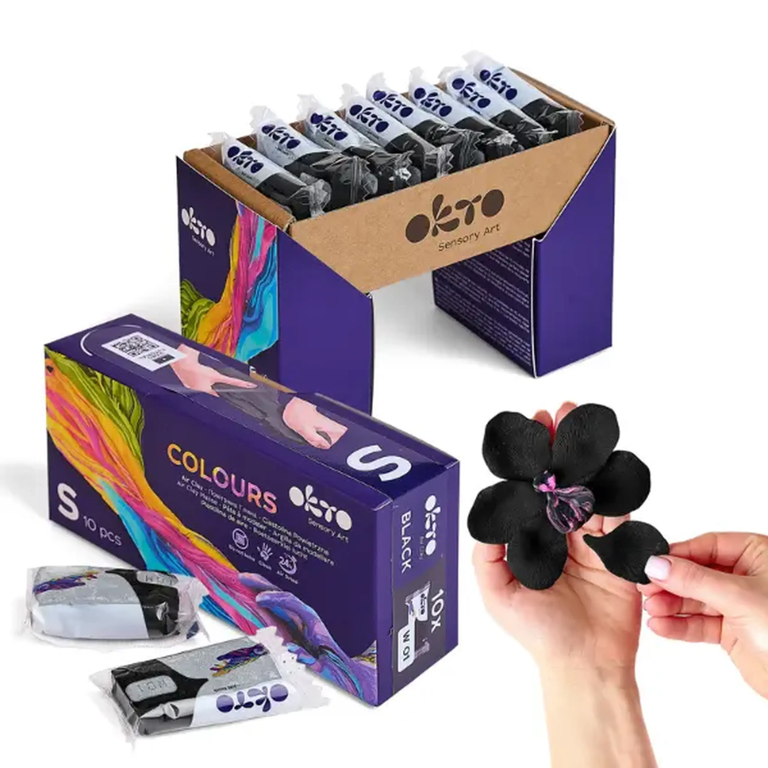 Plastilină aerată neagră Air Clay OKTO Colours, 10 buc. × 6 g, mărimea S