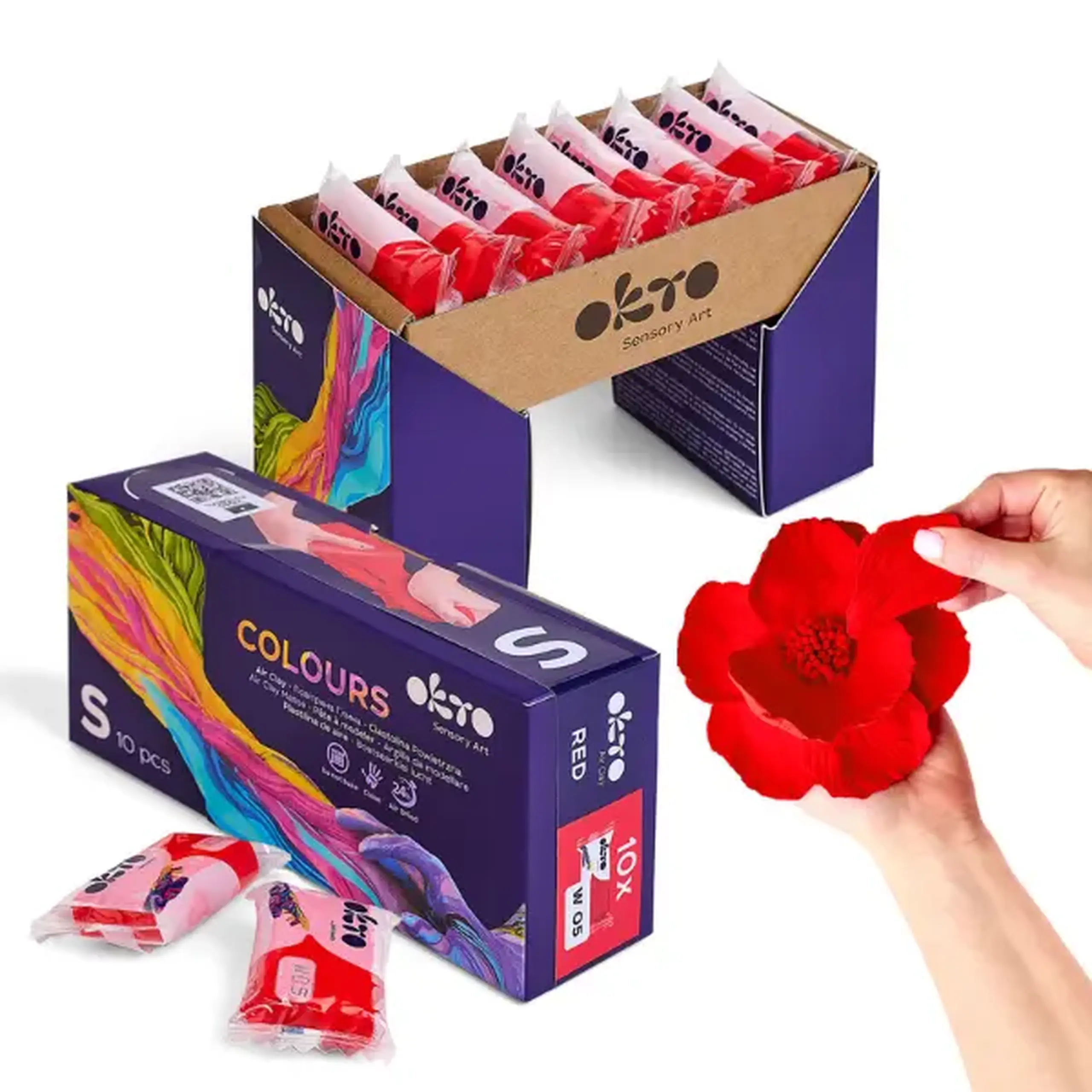 Plastilină aerată roșie Air Clay OKTO Colours, 10 buc. × 6 g, mărimea S