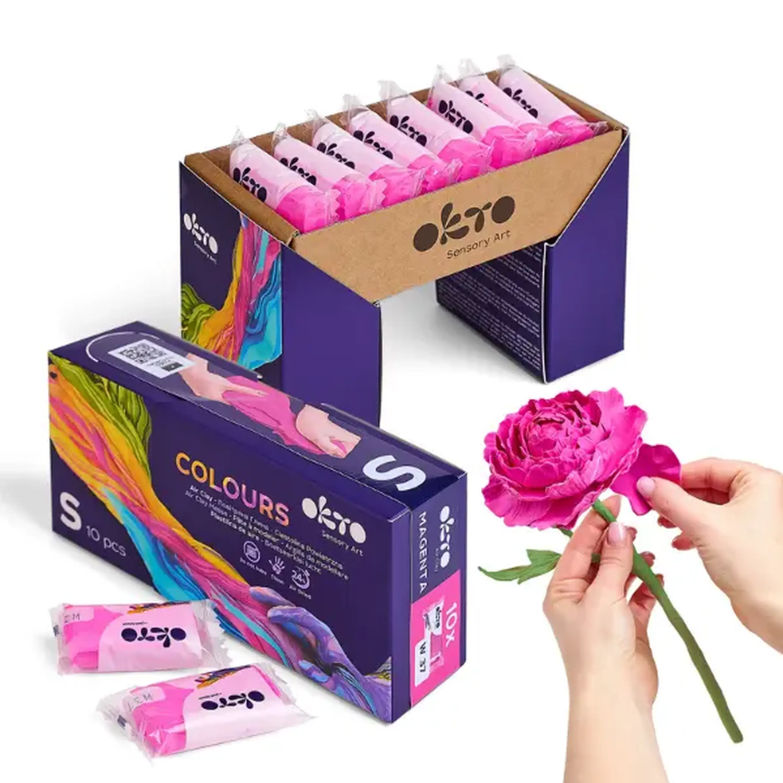 Plastilină aerată magenta Air Clay OKTO Colours, 10 buc. × 6 g, mărimea S