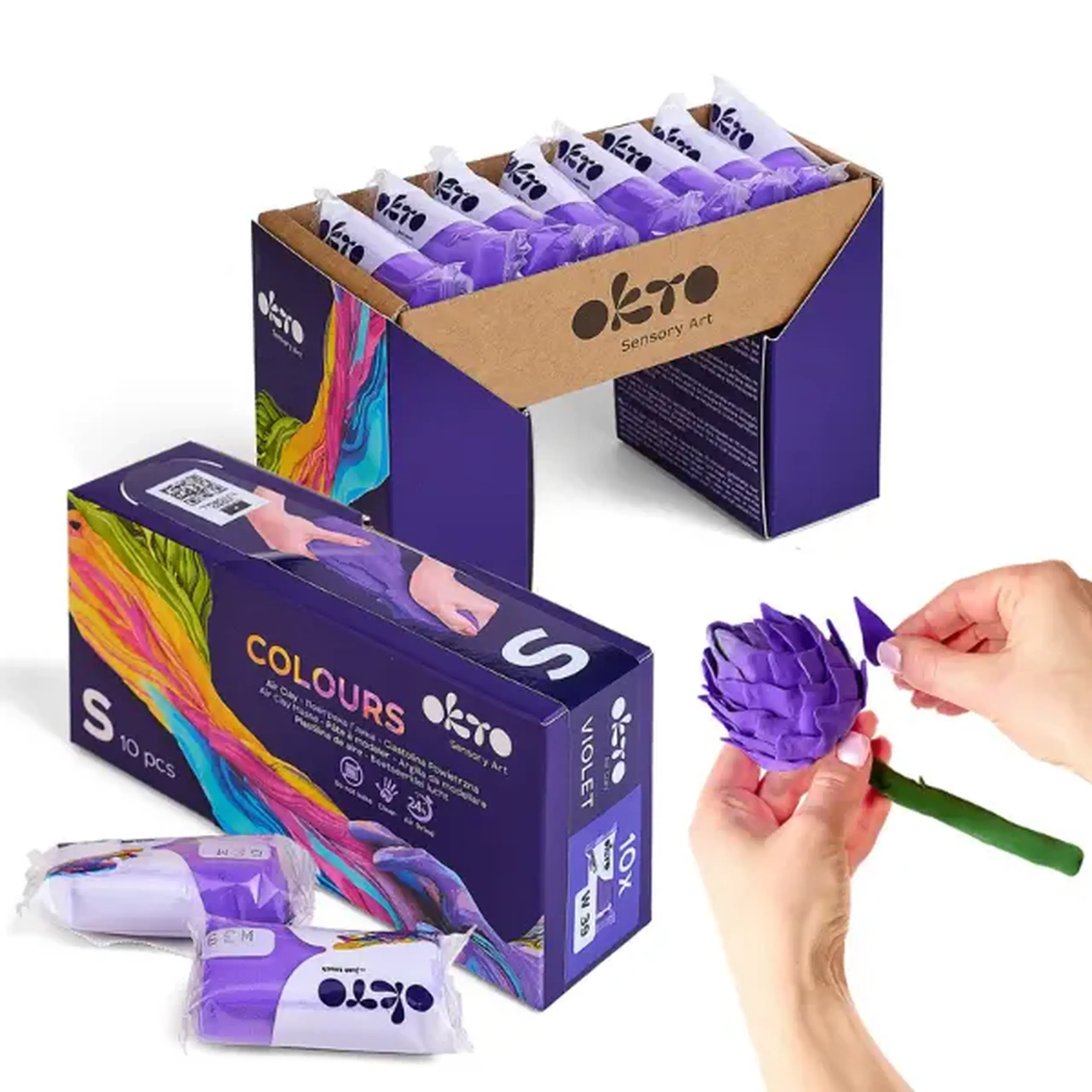 Plastilină aerată mov Air Clay OKTO Colours, 10 buc. × 6 g, mărimea S