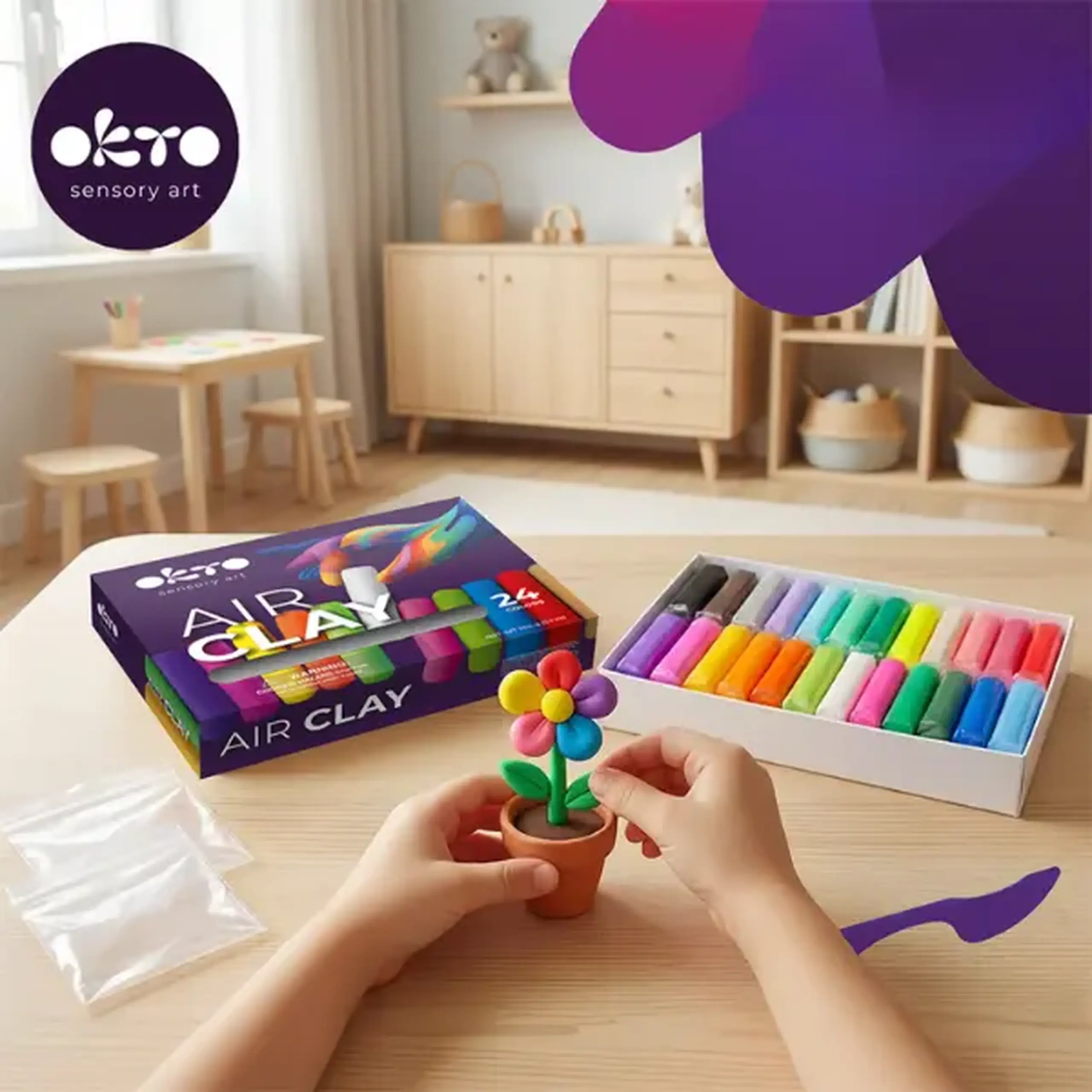Set creativ cu plastilină aerată Air Clay OKTO, 24 buc × 6 g
