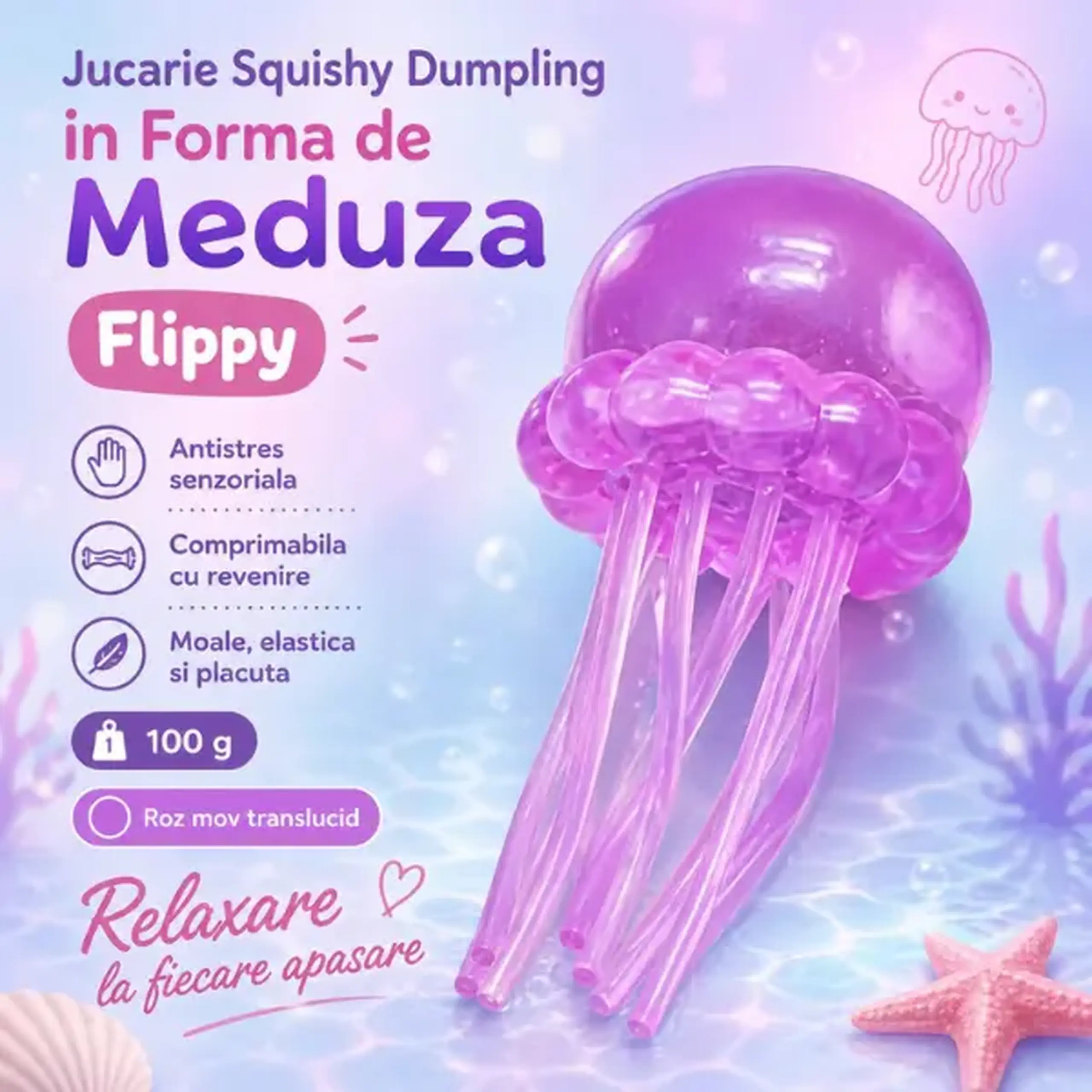 Jucărie antistres Squishy Flippy Meduză cu tentacule flexibile, violet, 100 g
