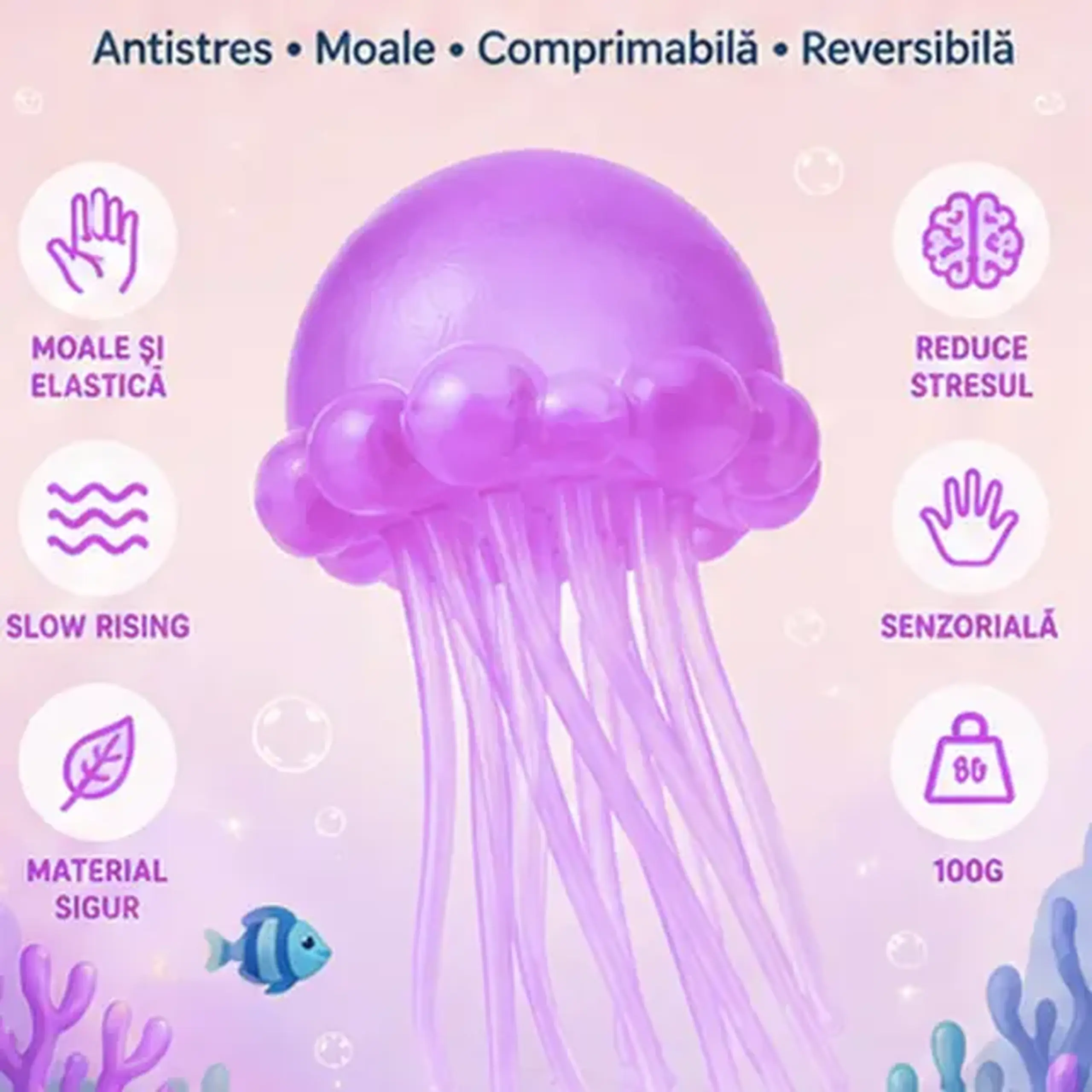 Jucărie antistres Squishy Flippy Meduză cu tentacule flexibile, violet, 100 g