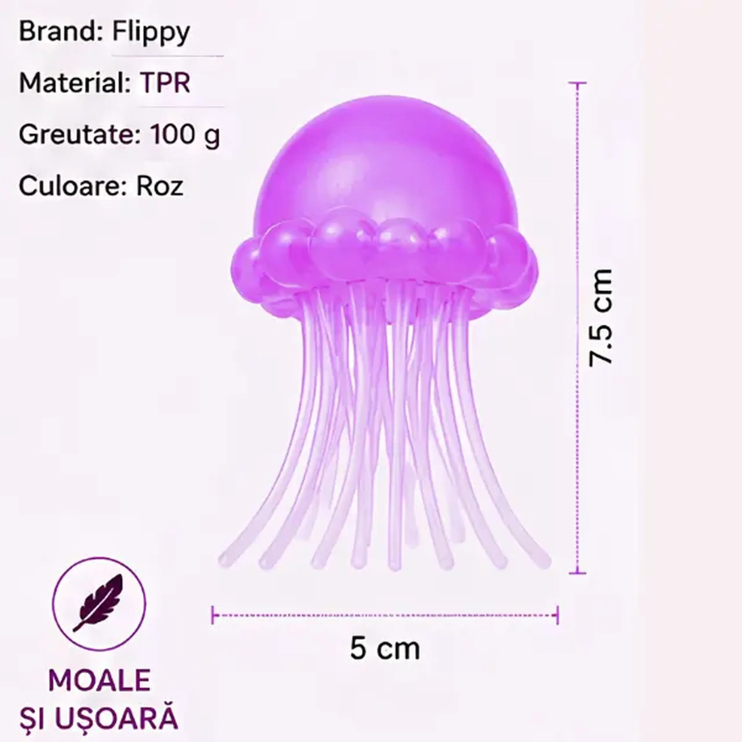 Jucărie antistres Squishy Flippy Meduză cu tentacule flexibile, violet, 100 g