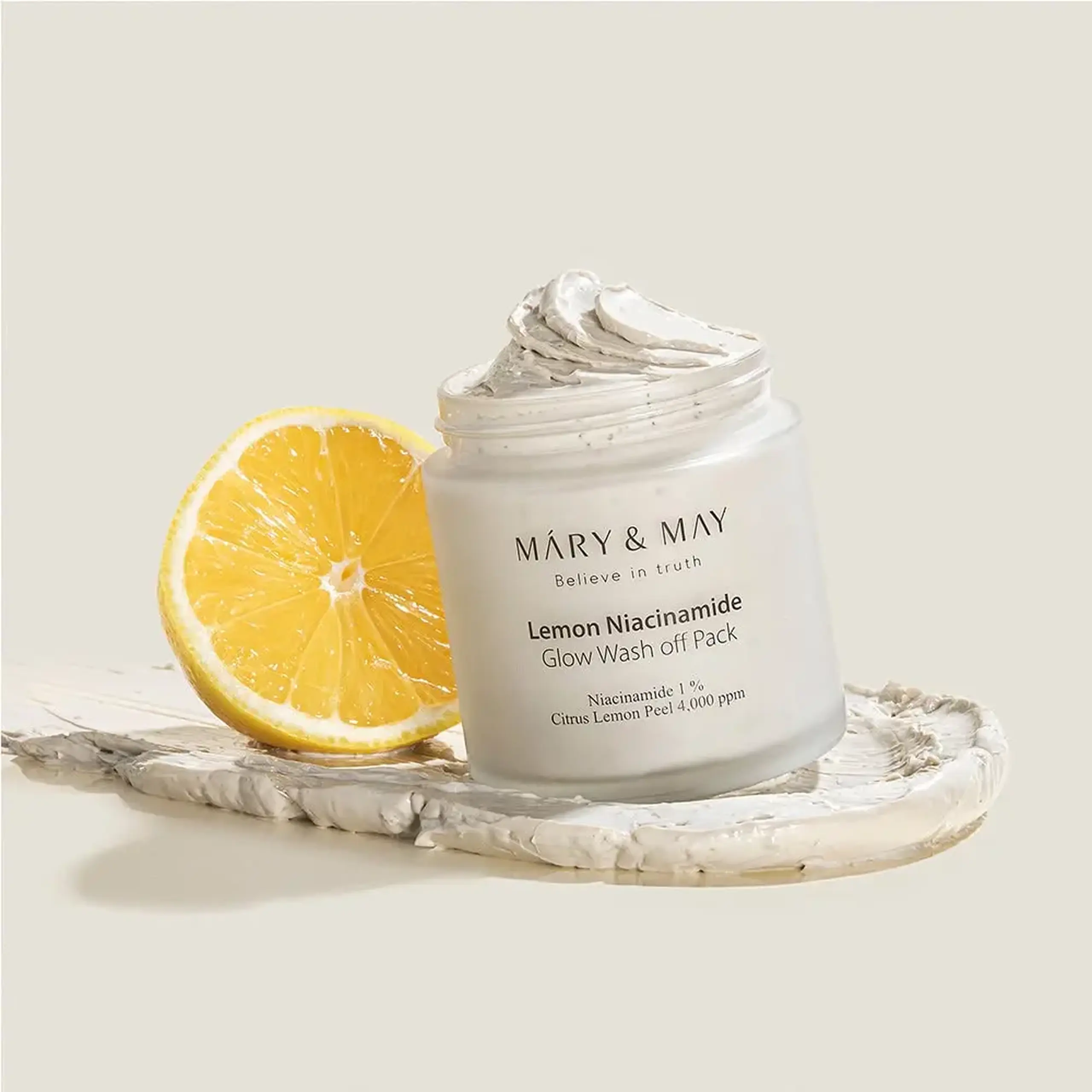 Mască de argilă pentru luminozitate cu niacinamidă și coajă de lămâie Mary &amp; May Lemon Niacinamide Glow Wash Off Pack 125g