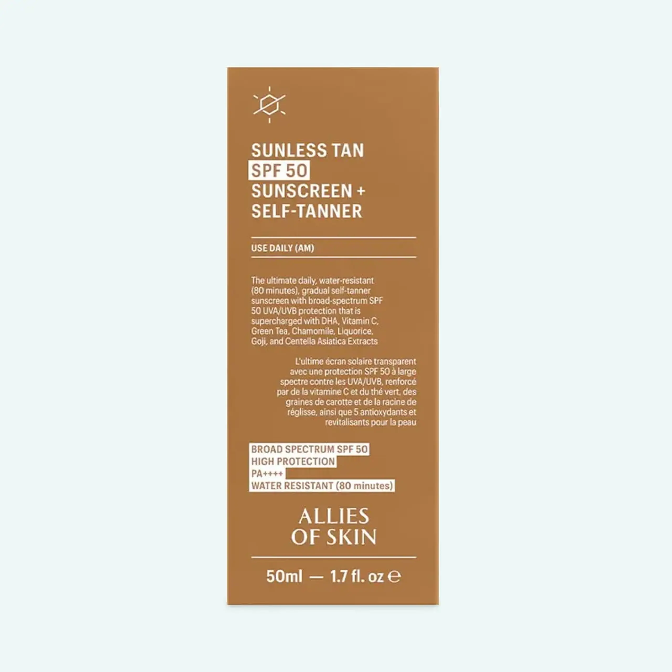 Cremă de protecție solară cu efect autobronzant Allies of Skin Sunless Tan Spf 50 Daily Sunscreen + Self-tanner 50ml