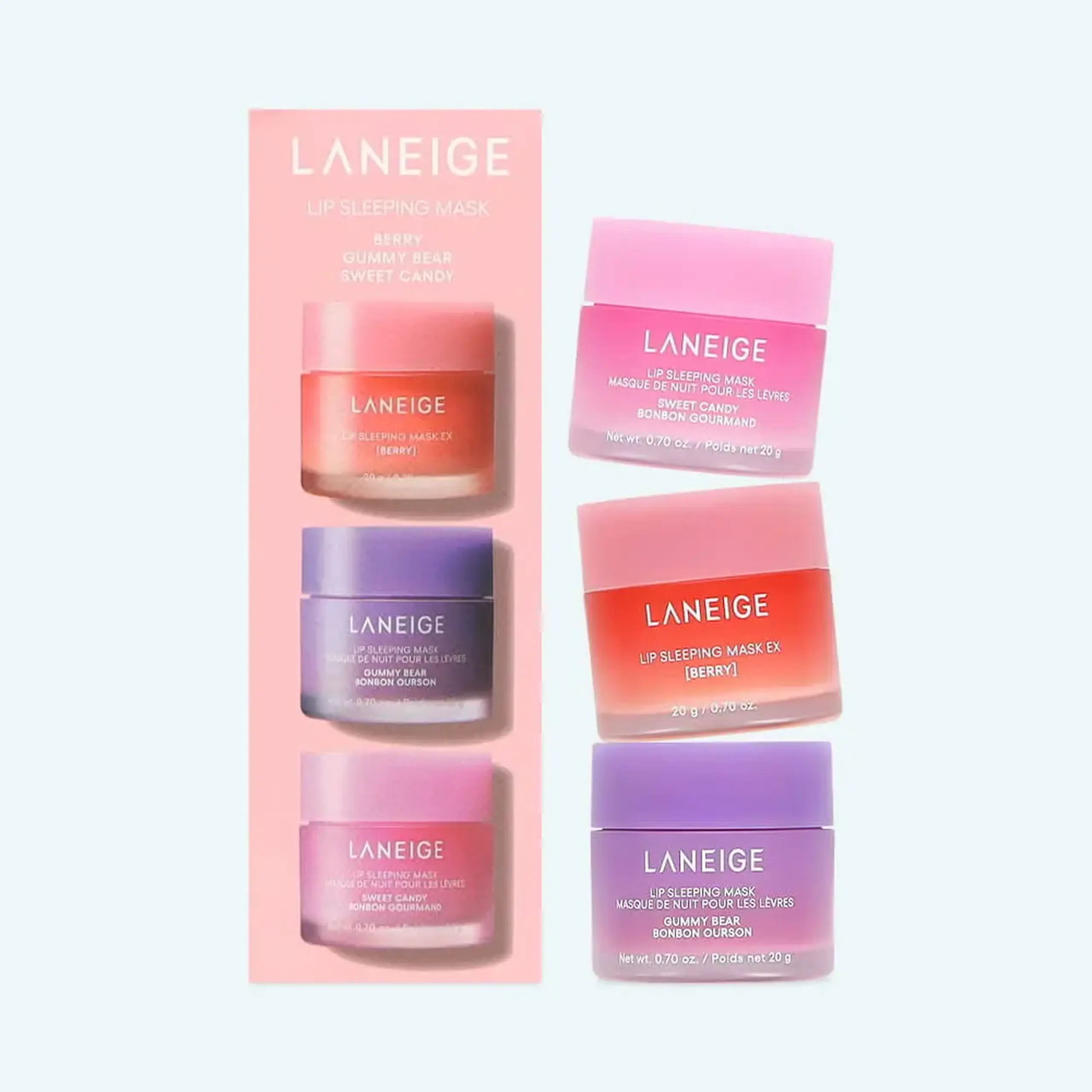 Set de măști pentru buze LANEIGE Lip Sleeping Mask Trio Set (Berry 20g, Gummy Bear 20g, Sweet Candy 20g)