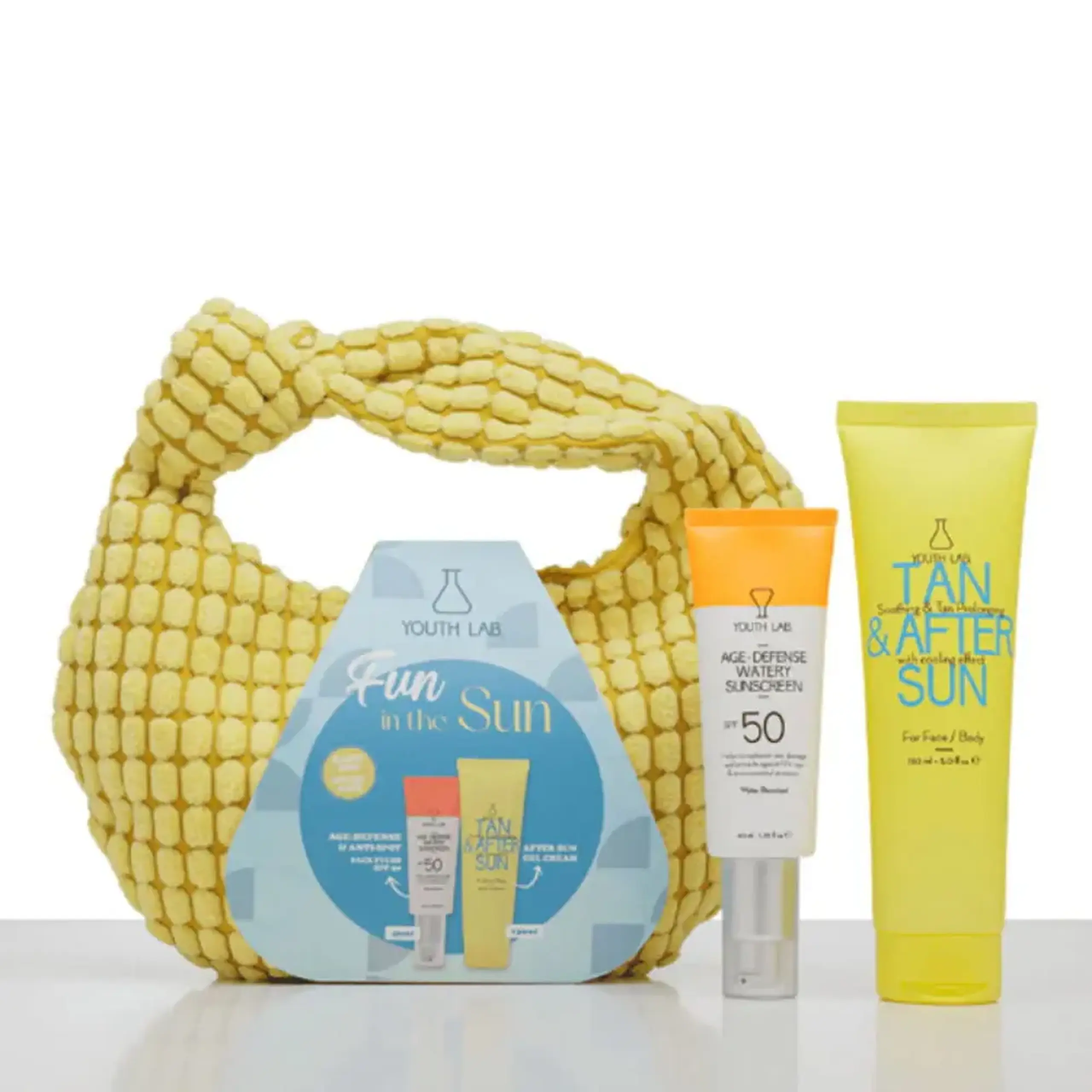 Set protecție solară YOUTH LAB Summer Set 2026 Value Set Yellow Pouch – Age Defense &amp; Tan &amp; After Sun