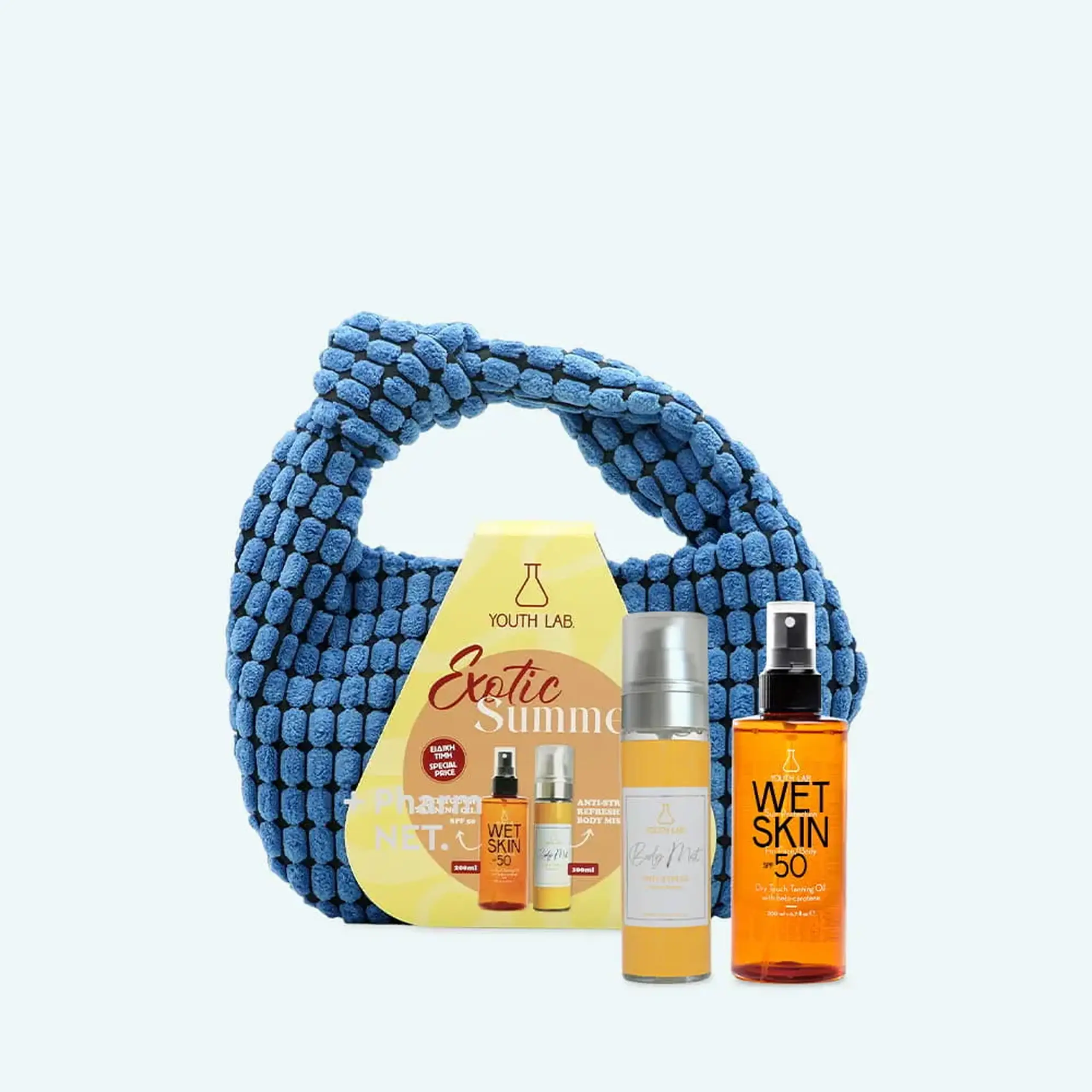 Set protecție solară YOUTH LAB Summer Set 2026 Value Set Blue Pouch – Wet Skin SPF50 & Body Mist Exotic Sunrise