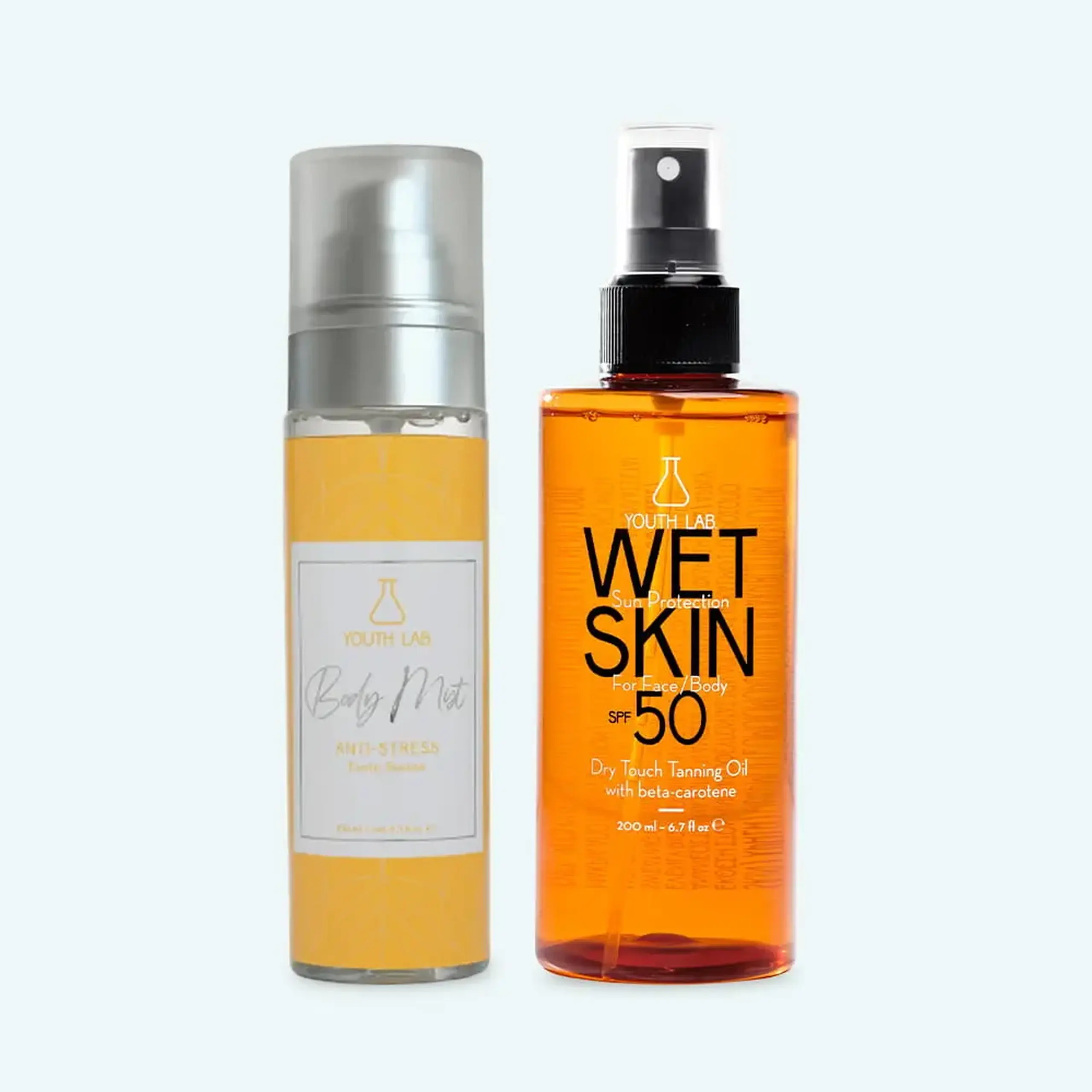 Set protecție solară YOUTH LAB Summer Set 2026 Value Set Blue Pouch – Wet Skin SPF50 &amp; Body Mist Exotic Sunrise