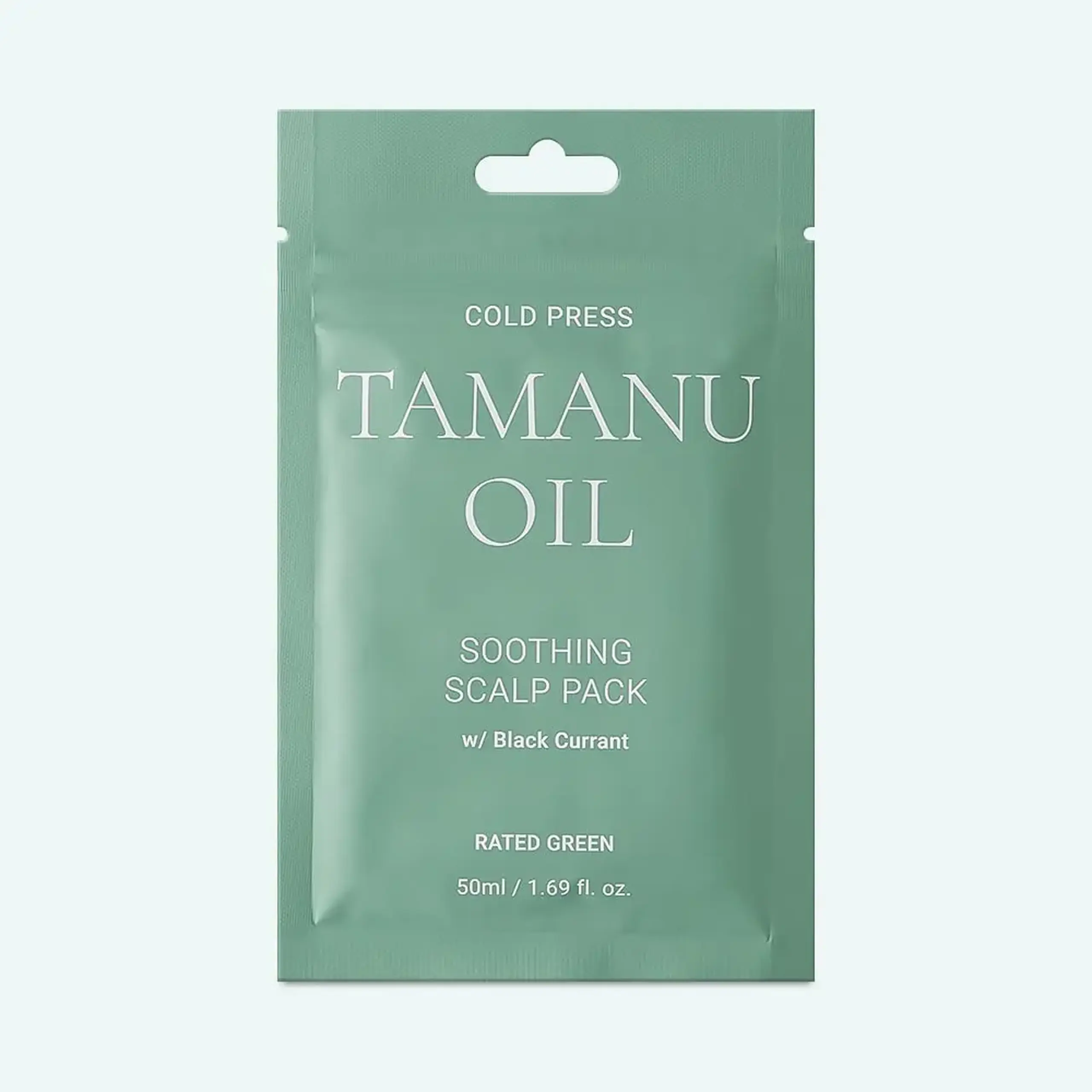 Mască pentru scalpul gras iritat cu descuamare pentru folosință unică Rated Green Cold Press Tamanu Oil Soothing Scalp Pack w/ Black Currant 50 ml