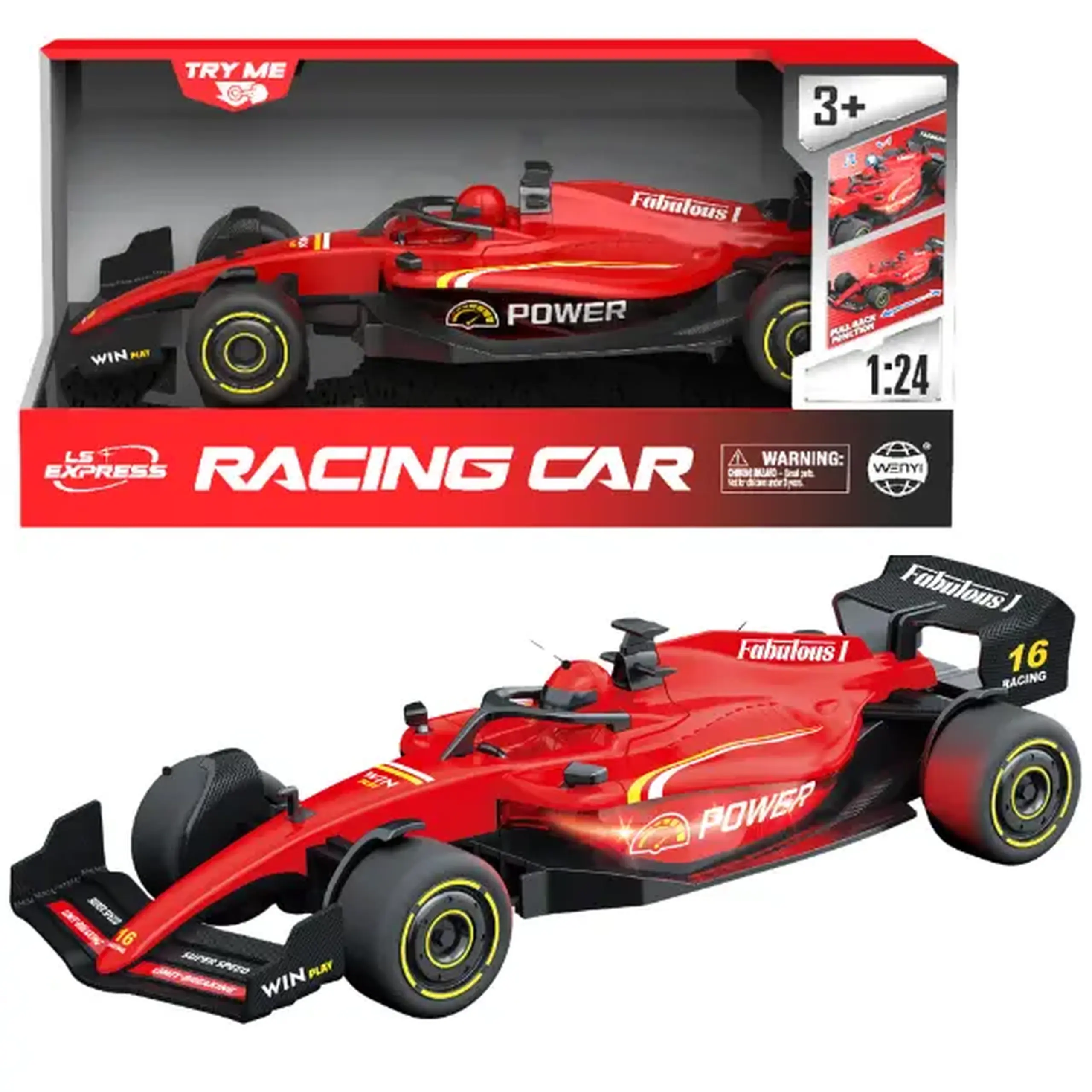 1:24 Mașină de curse F1 cu mecanism pull-back, (lumină/sunet), roșie