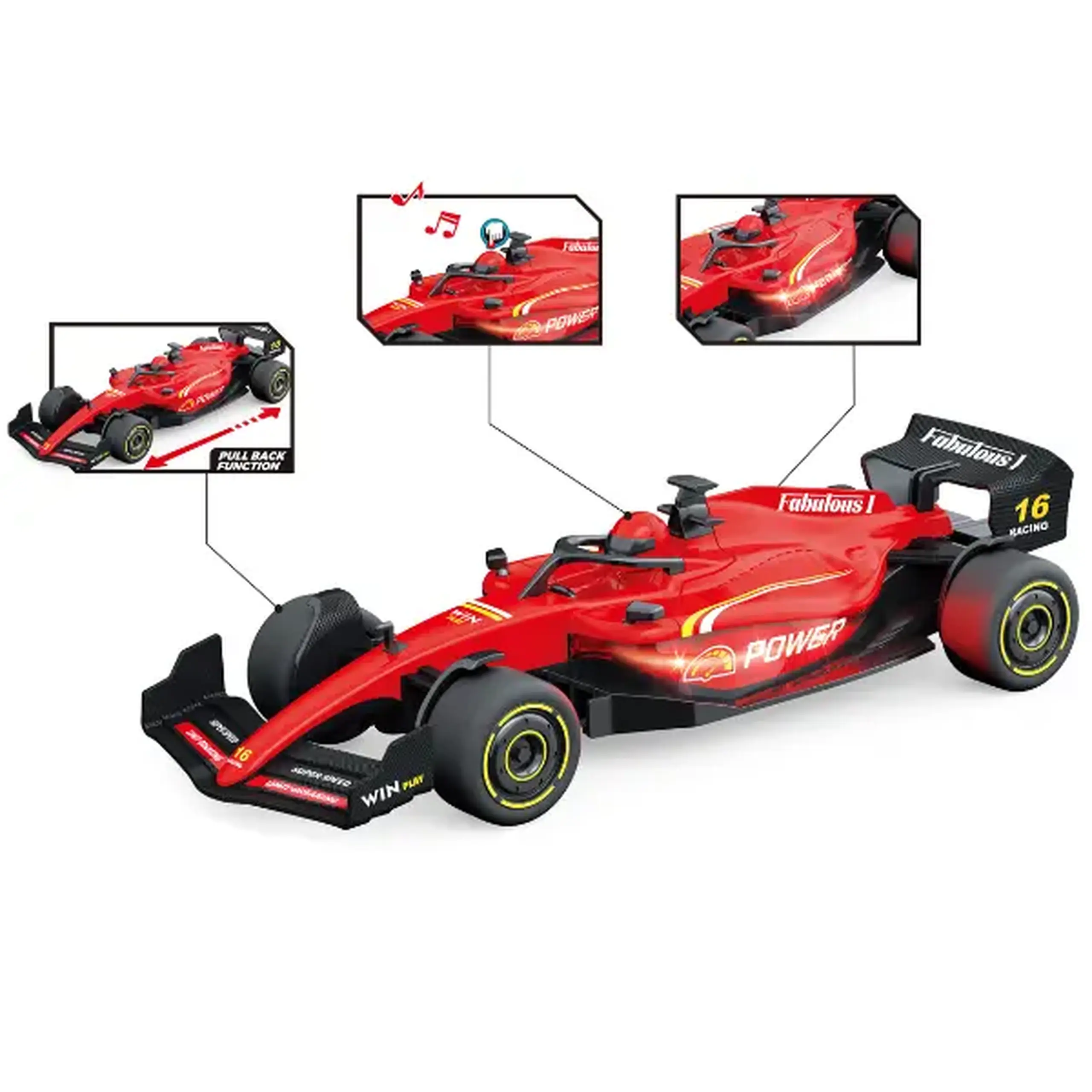 1:24 Mașină de curse F1 cu mecanism pull-back, (lumină/sunet), roșie