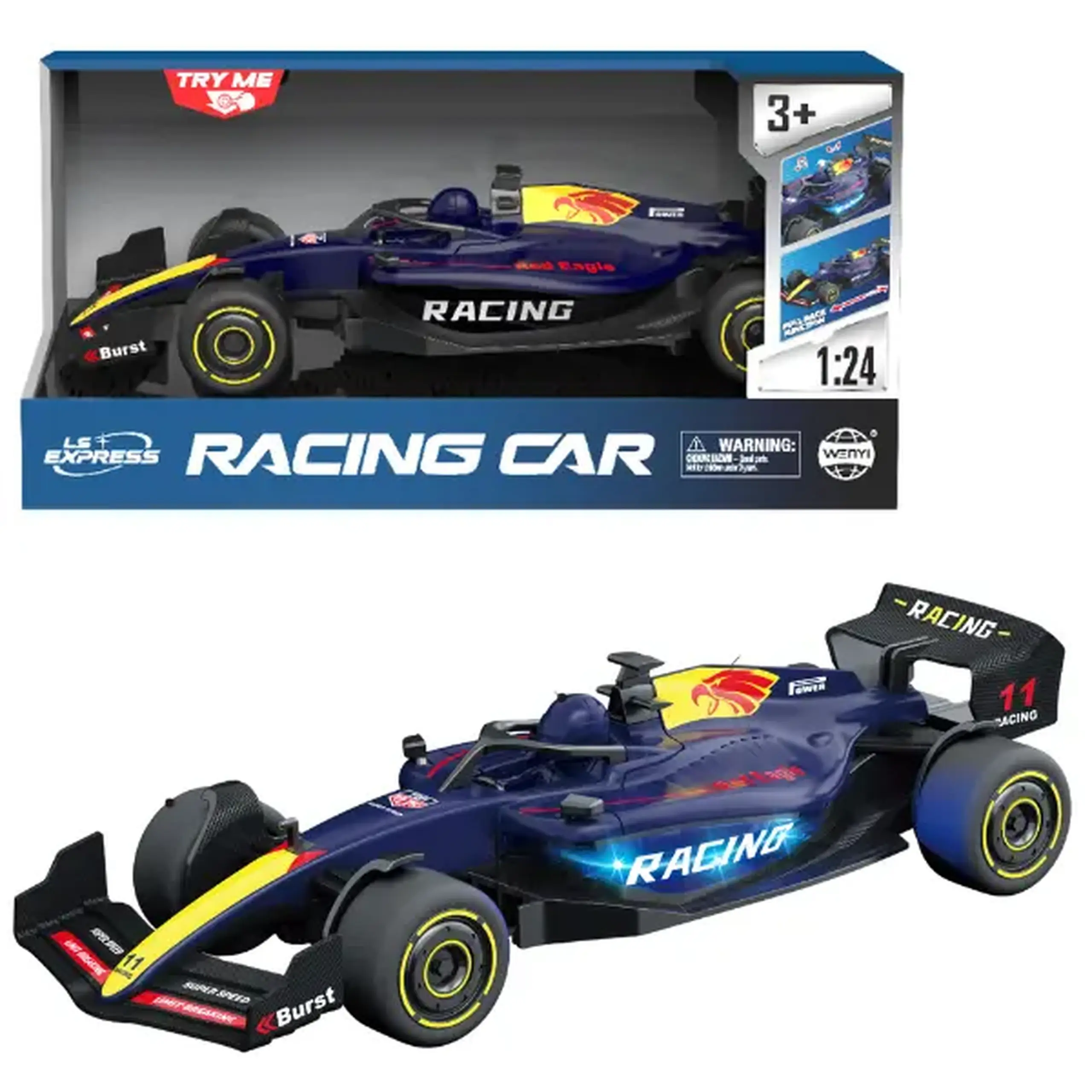 1:24 Mașină de curse F1 cu mecanism pull-back, (lumină/sunet), albastră