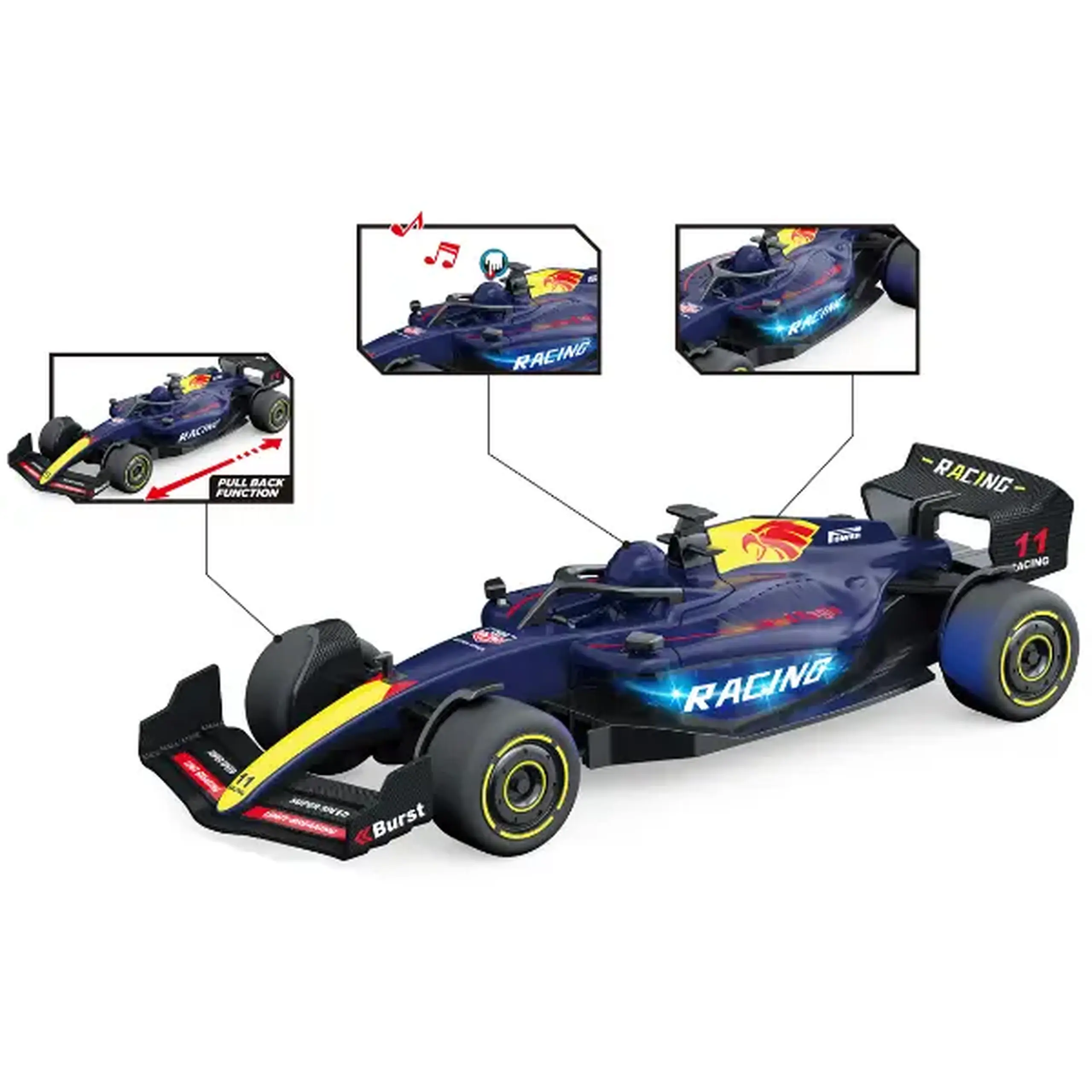 1:24 Mașină de curse F1 cu mecanism pull-back, (lumină/sunet), albastră