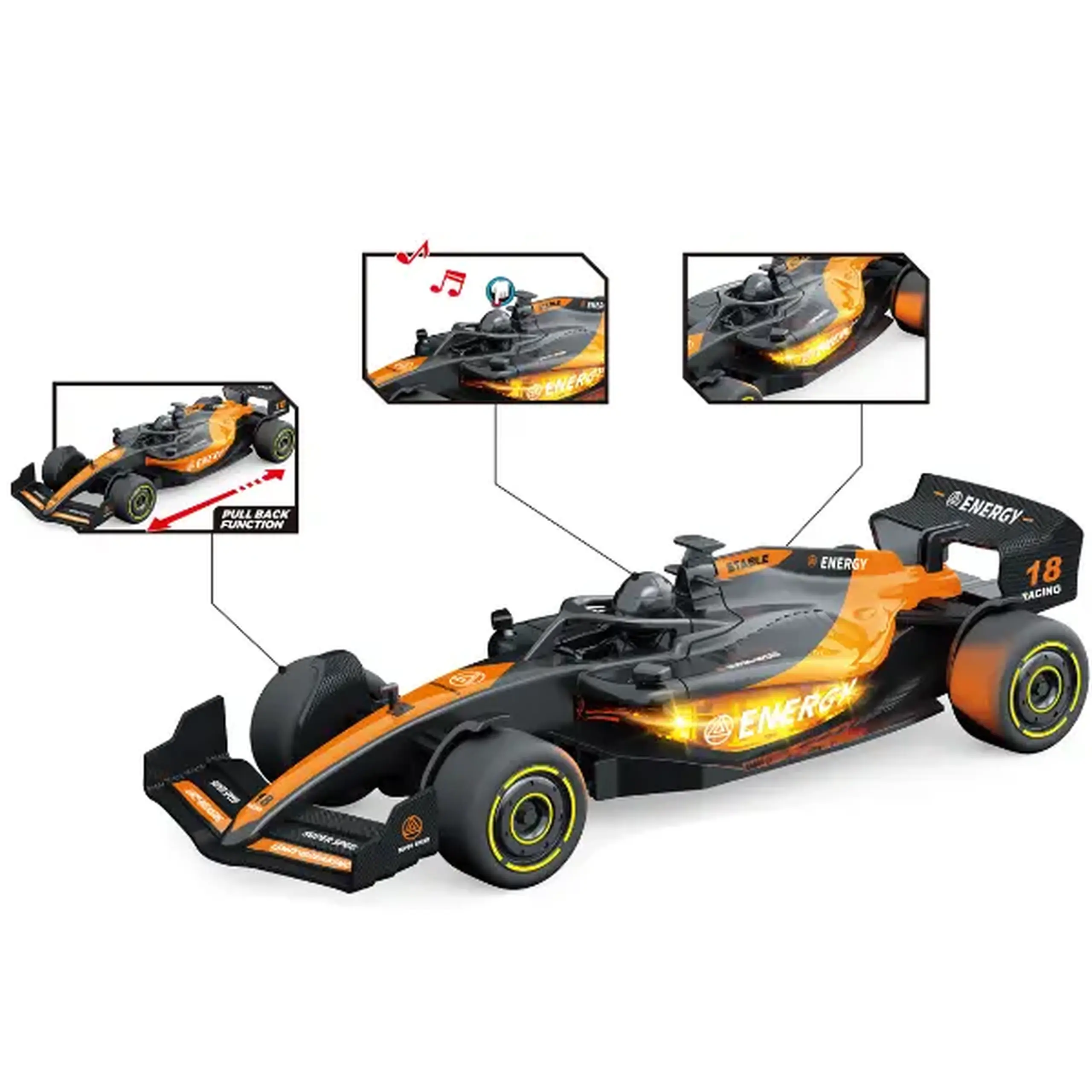 1:24 Mașină de curse F1 cu mecanism pull-back, (lumină/sunet)
