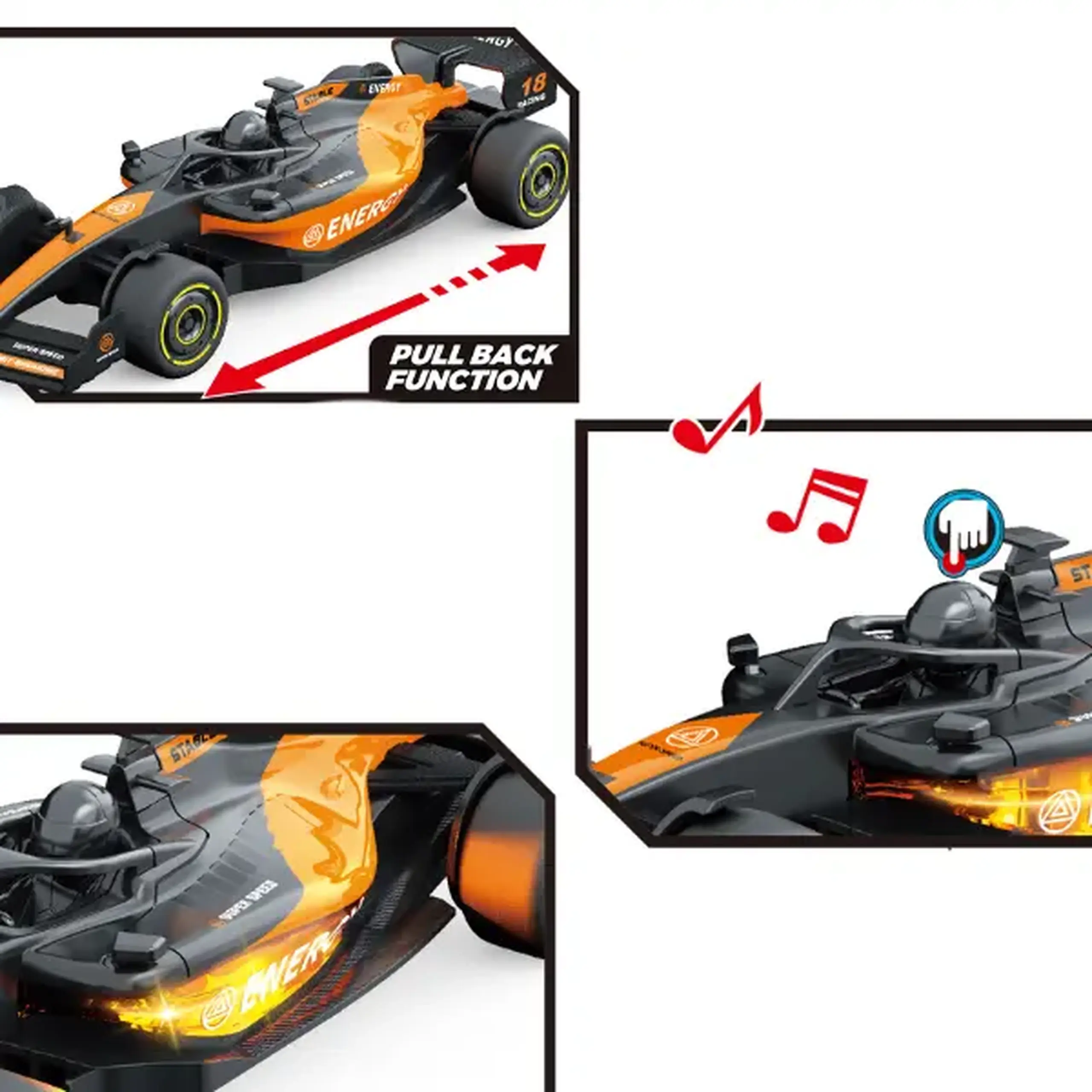 1:24 Mașină de curse F1 cu mecanism pull-back, (lumină/sunet)