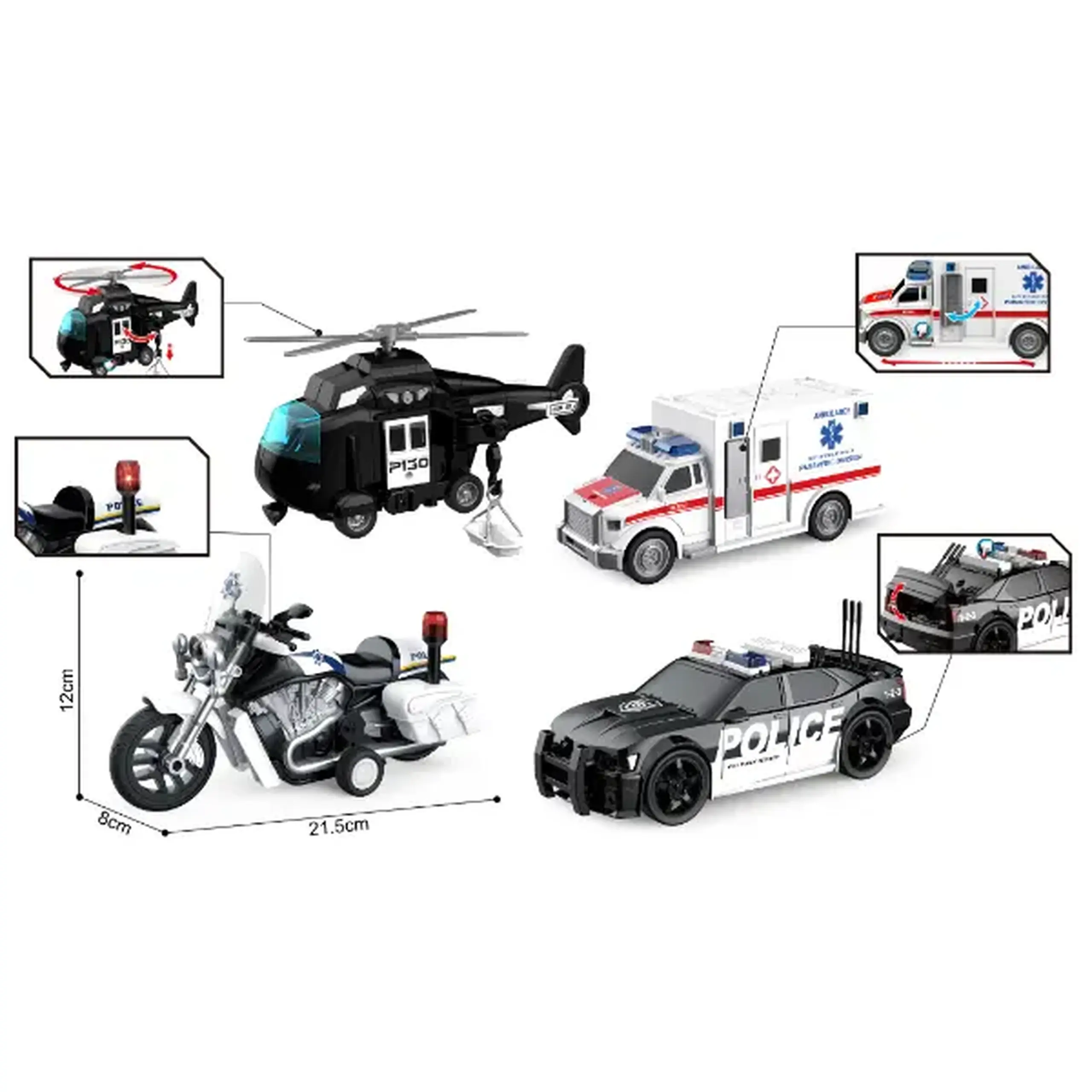 1:20 Set vehicule de poliție cu fricțiune (lumini /sunete)