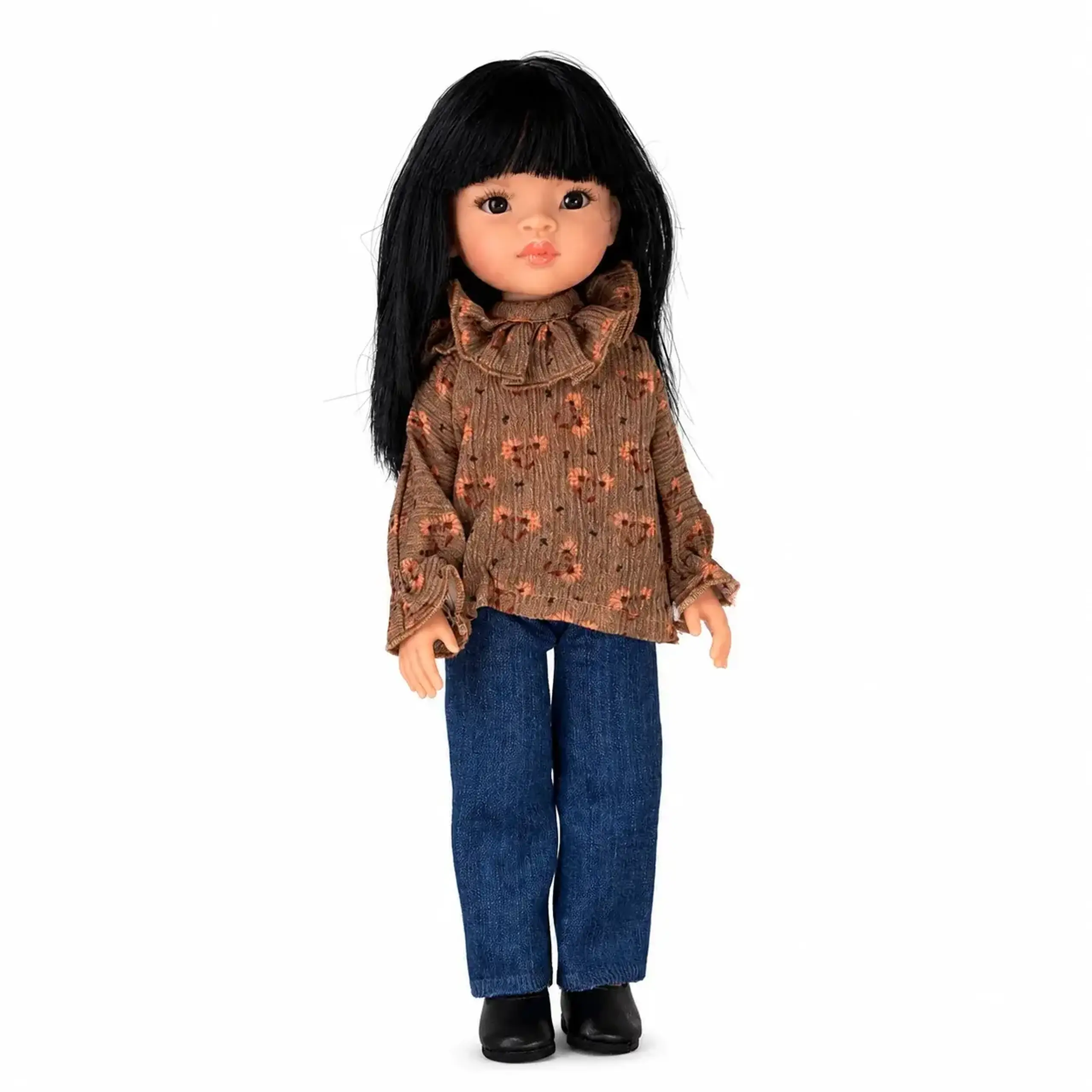Păpușă cu păr negru, bluză florală și jeanși — Minikane