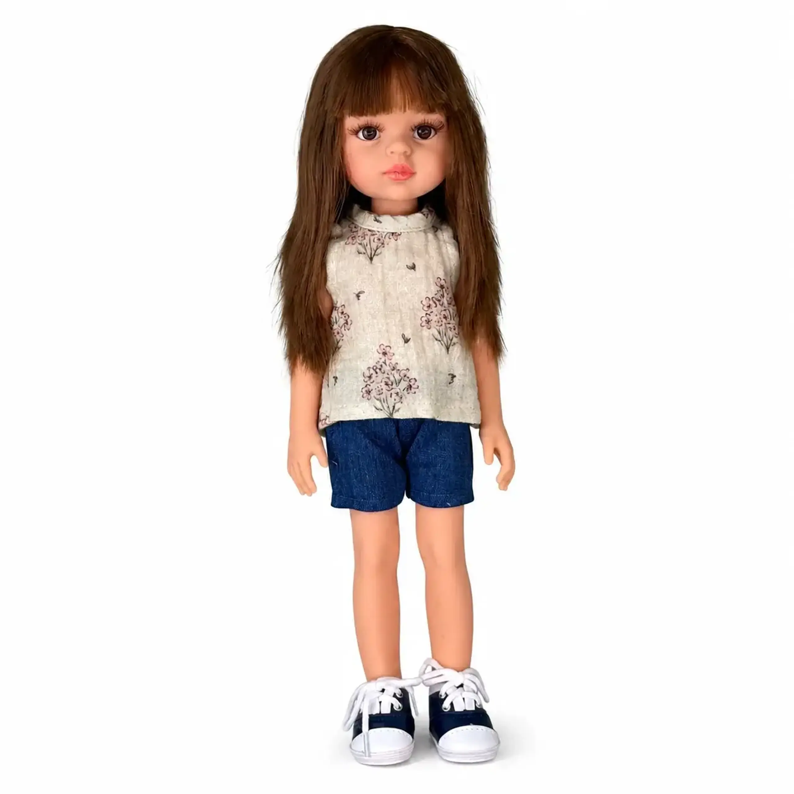 Păpușă brunetă cu top floral și pantaloni scurți — Minikane