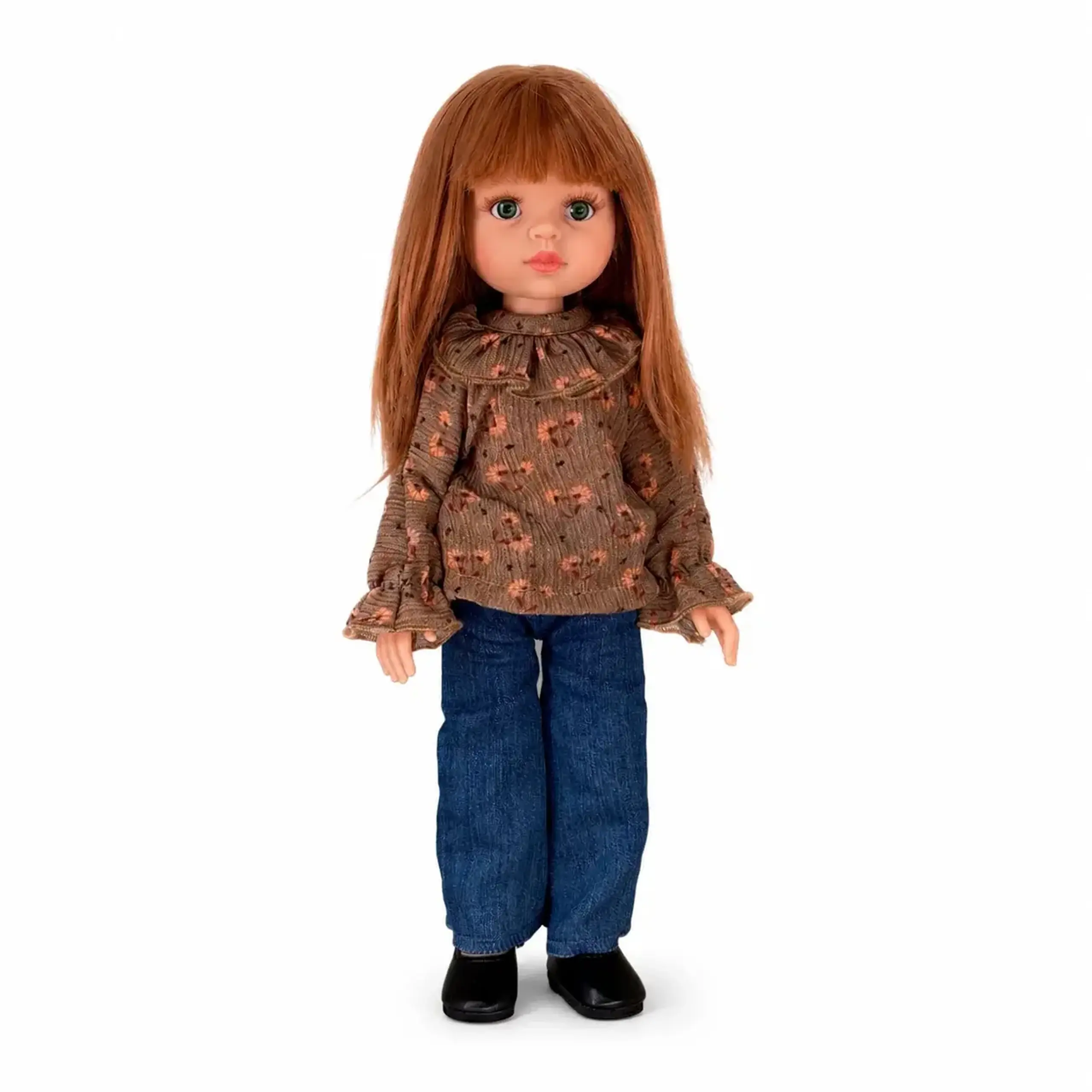 Păpușă roșcată cu bluză florală și jeanși — Minikane