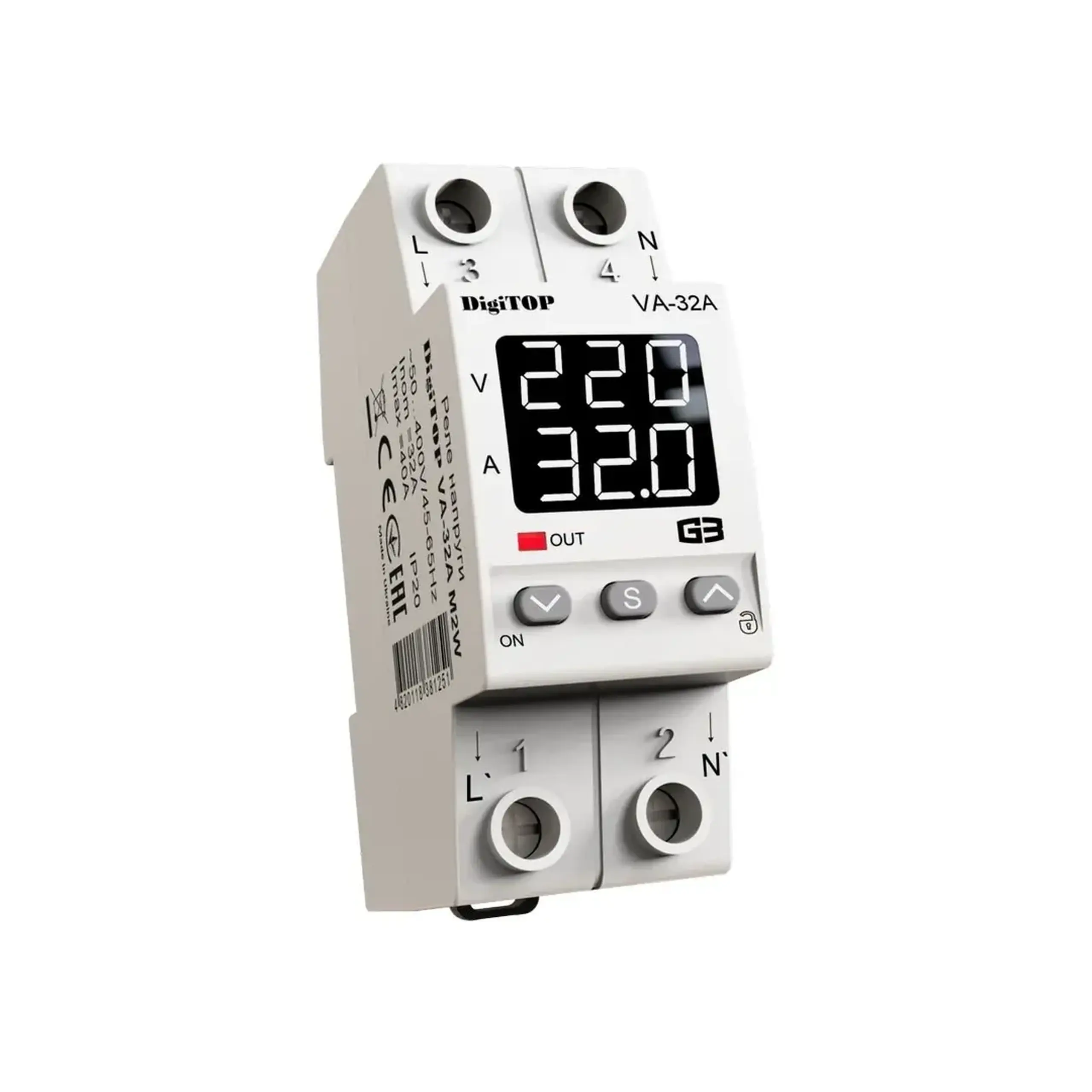Releu de tensiune cu monitorizare a curentului VA-32M2W TRUE RMS 32 A 220 - 240 V IP20 120 - 270 V Digitop