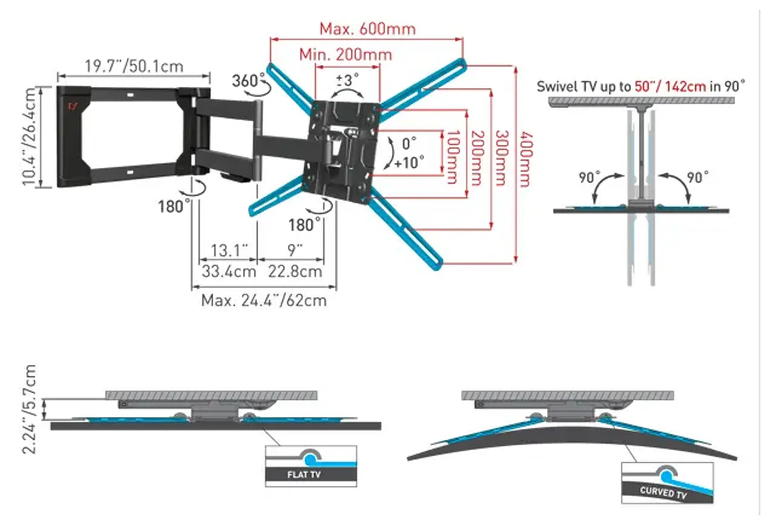 Suport TV de perete BARKAN 4400, Negru